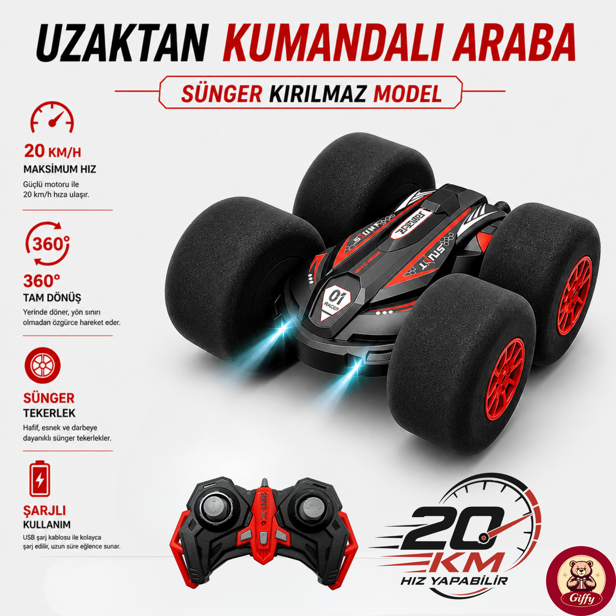 Uzaktan Kumandalı Kırılmaz Sünger Teker 20 KM/H Yapabilen 4X4 Akrobatik Drift RC Araba LED Işıklı 360° Dönebilen Şarjlı 2.4GHz Takla Atabilen