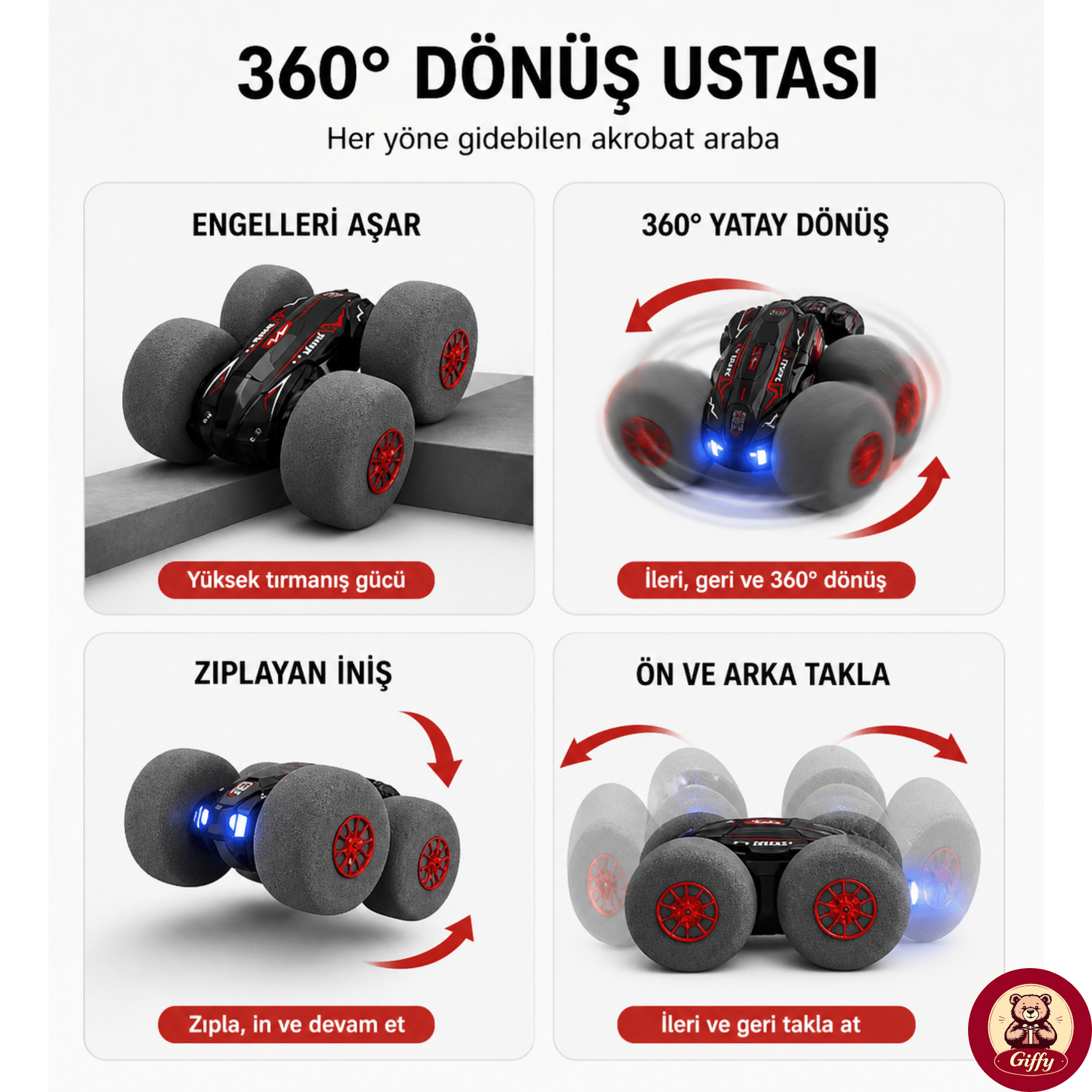 Uzaktan Kumandalı Kırılmaz Sünger Teker 20 KM/H Yapabilen 4X4 Akrobatik Drift RC Araba LED Işıklı 360° Dönebilen Şarjlı 2.4GHz Takla Atabilen