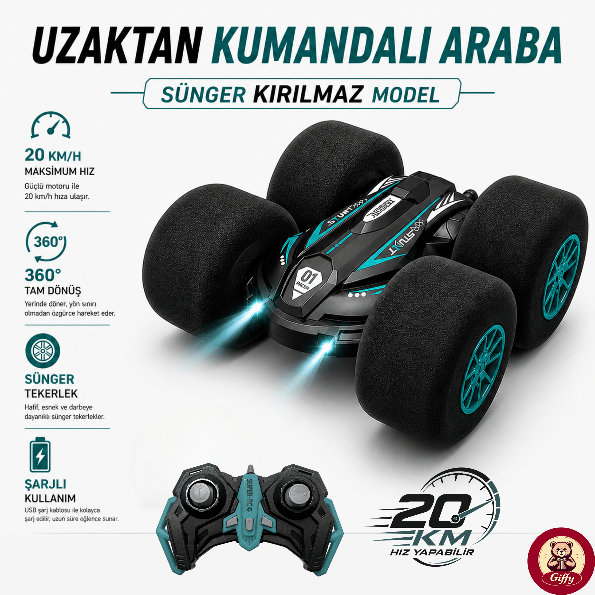 Uzaktan Kumandalı Kırılmaz Sünger Teker 20 KM/H Yapabilen 4X4 Akrobatik Drift RC Araba LED Işıklı 360° Dönebilen Şarjlı 2.4GHz Takla Atabilen