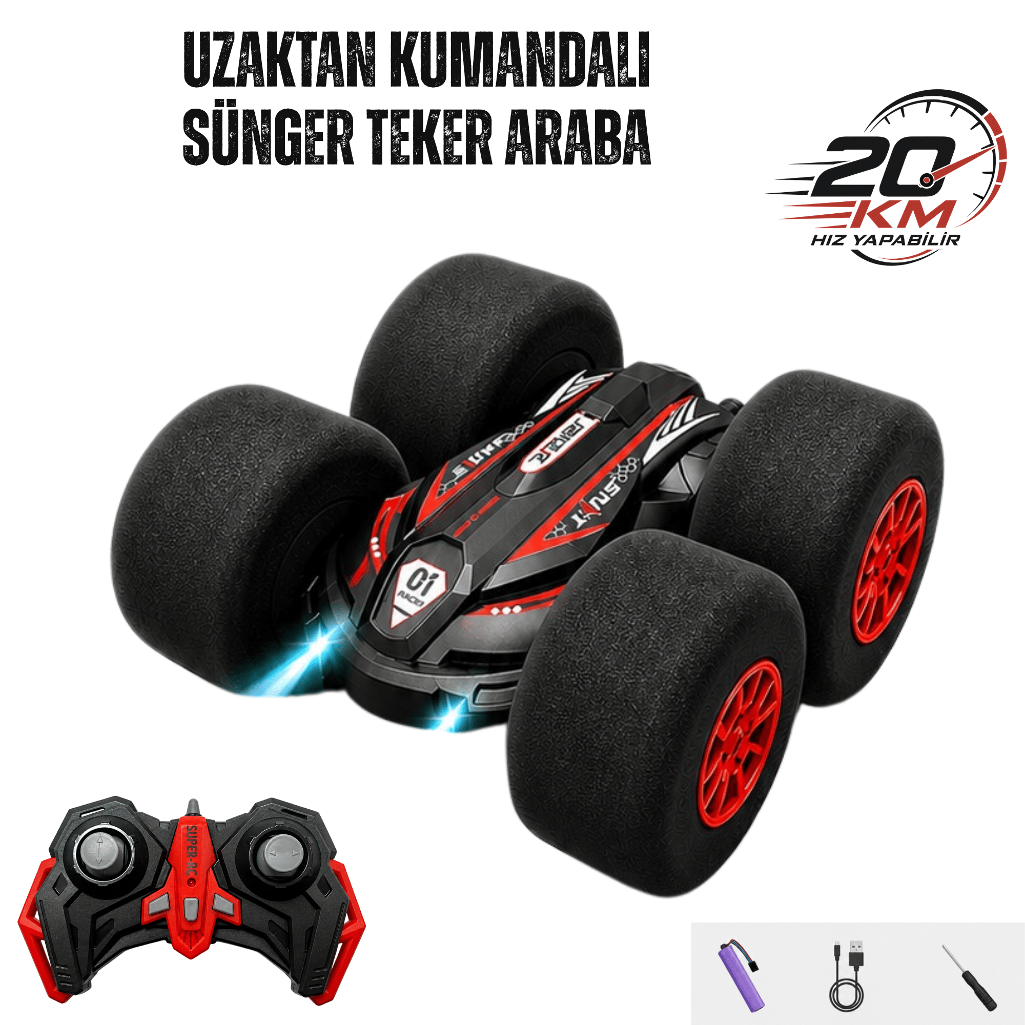 Uzaktan Kumandalı Kırılmaz Sünger Teker 20 KM/H Yapabilen 4X4 Akrobatik Drift RC Araba LED Işıklı 360° Dönebilen Şarjlı 2.4GHz Takla Atabilen