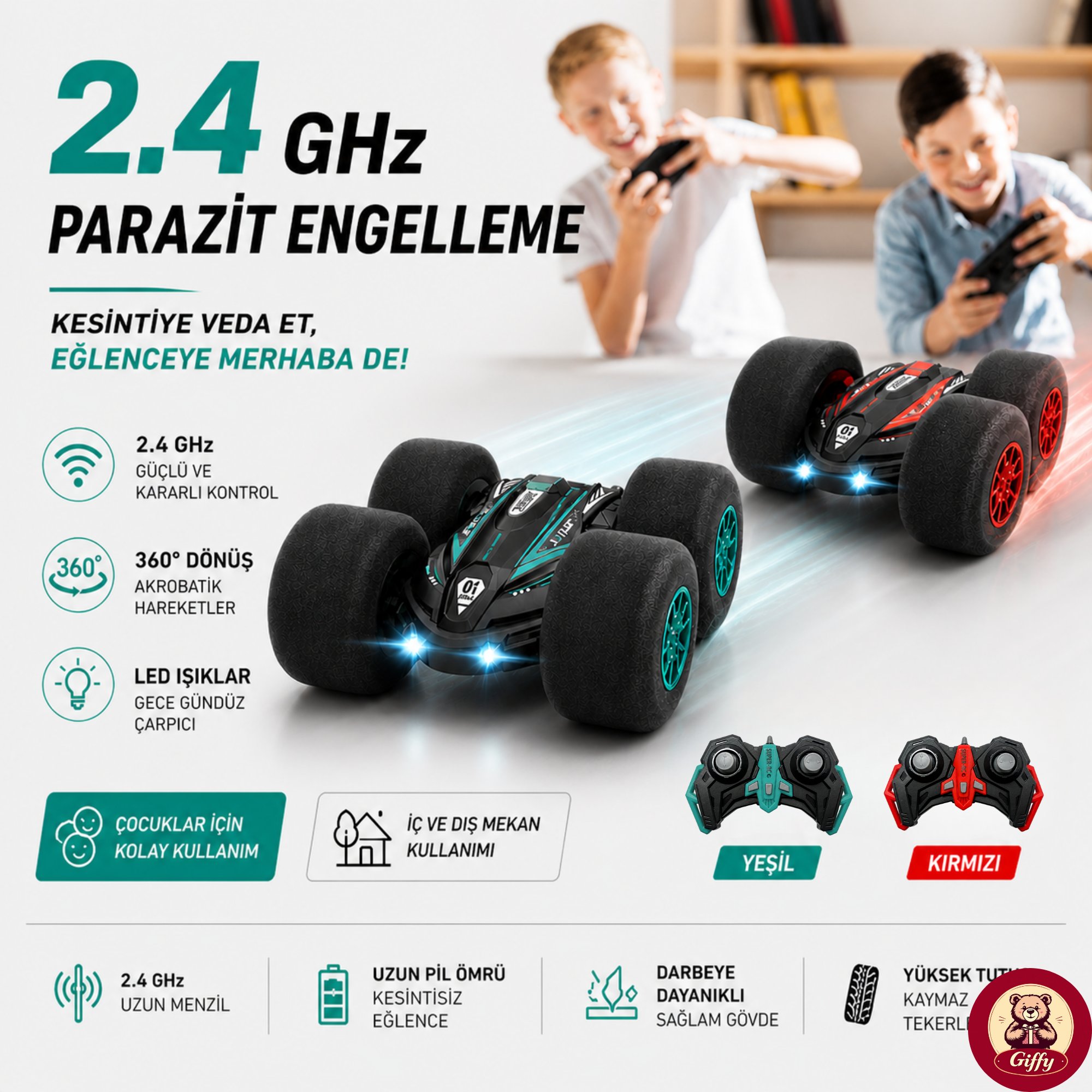 Uzaktan Kumandalı Kırılmaz Sünger Teker 20 KM/H Yapabilen 4X4 Akrobatik Drift RC Araba LED Işıklı 360° Dönebilen Şarjlı 2.4GHz Takla Atabilen