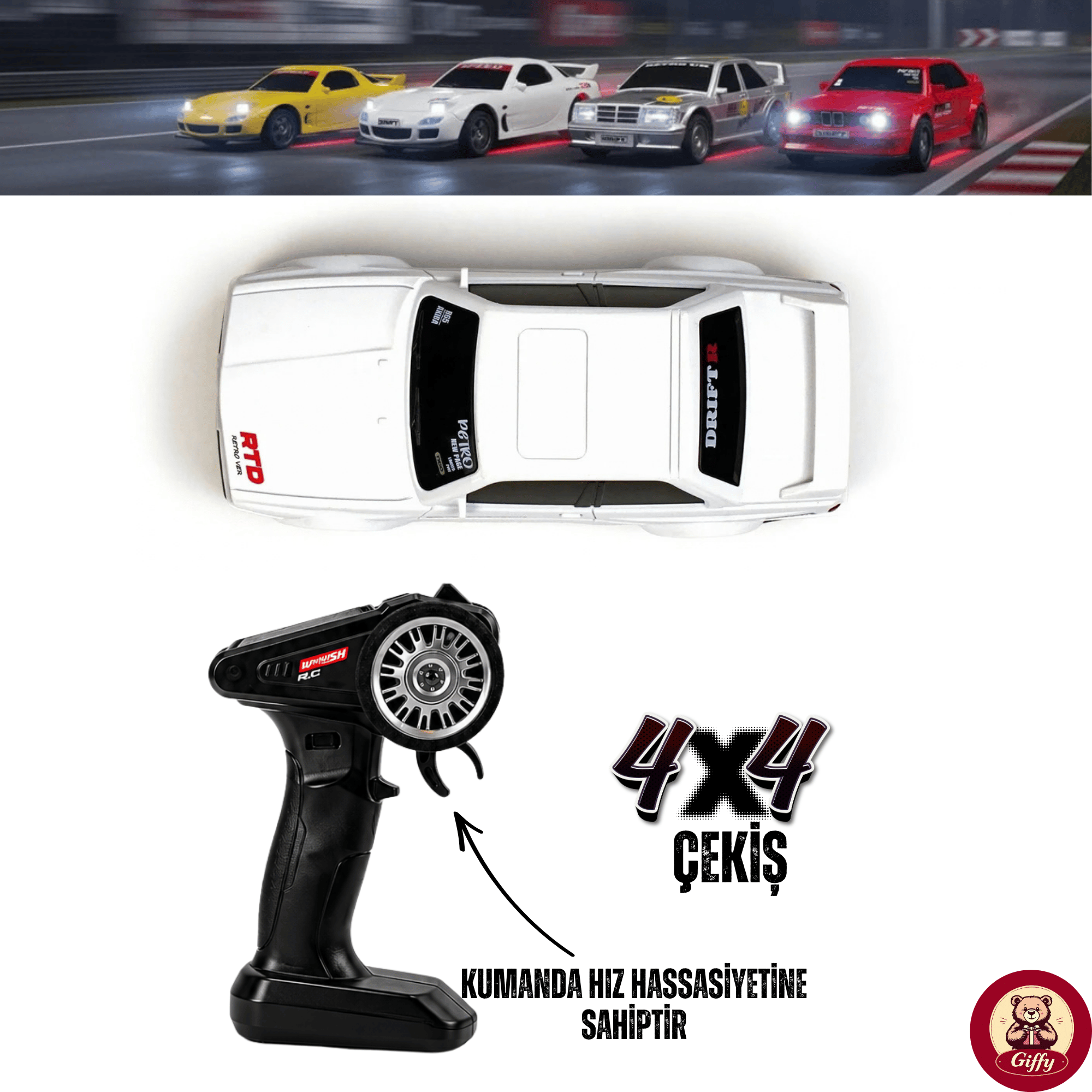 Uzaktan Kumandalı Mini Drift BMW EVO30 Model Araba Dahili Şarjlı Işıklı 4x4 Taşıma Kumandalı Hız Hassasiyetli ve Kademeli ,Kuka ve Drift Tekerleri HEDİYE 1:43 Ölçek (Beyaz)
