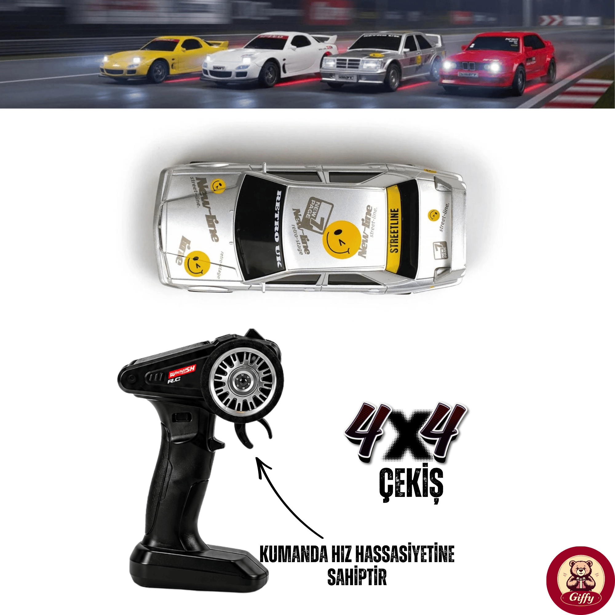 Uzaktan Kumandalı Mini Drift BMW EVO30 Model Araba Dahili Şarjlı Işıklı 4x4 Taşıma Kumandalı Hız Hassasiyetli ve Kademeli ,Kuka ve Drift Tekerleri HEDİYE 1:43 Ölçek (Gümüş)