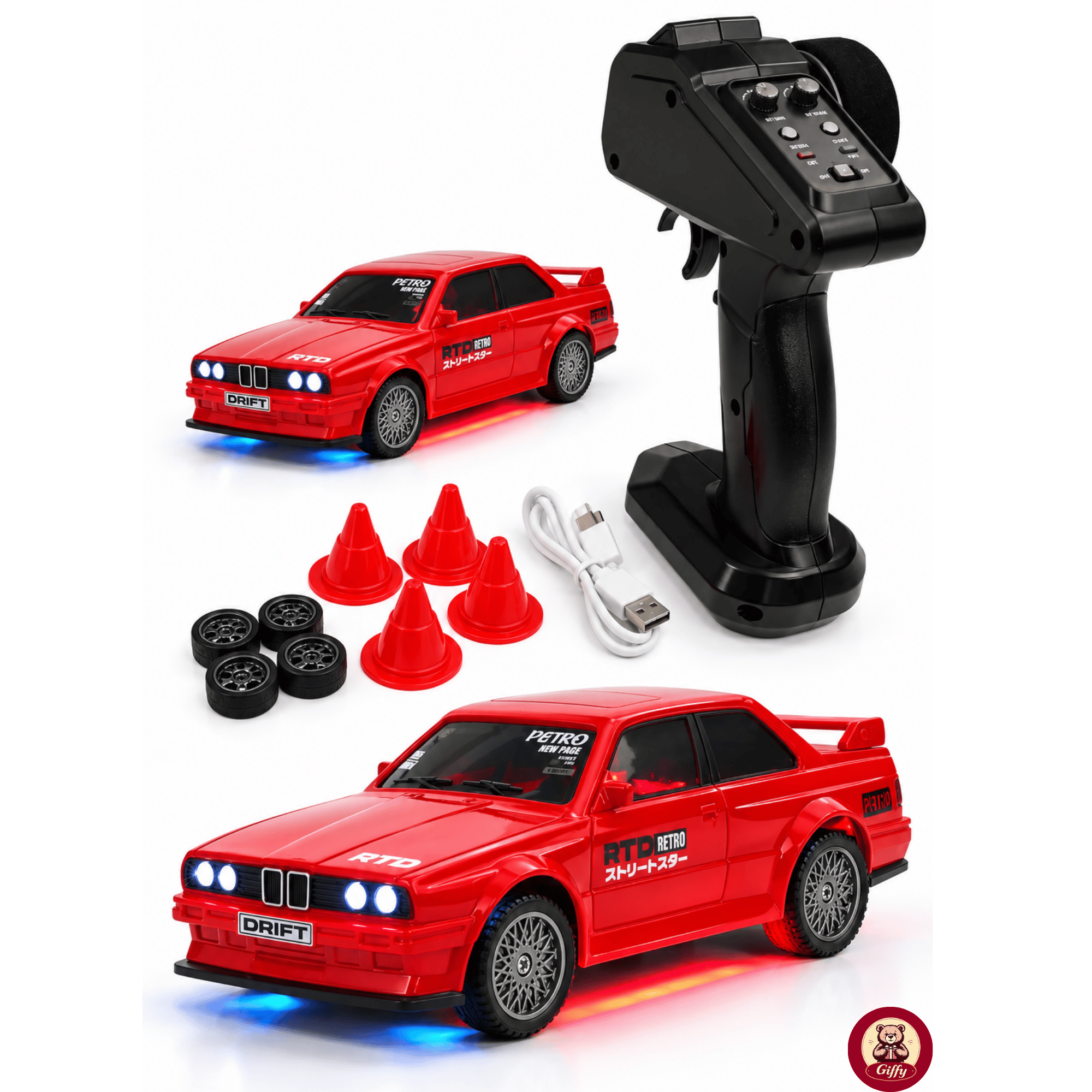 Uzaktan Kumandalı Mini Drift BMW EVO30 Model Araba Dahili Şarjlı Işıklı 4x4 Taşıma Kumandalı Hız Hassasiyetli ve Kademeli ,Kuka ve Drift Tekerleri HEDİYE 1:43 Ölçek (Kırmızı)