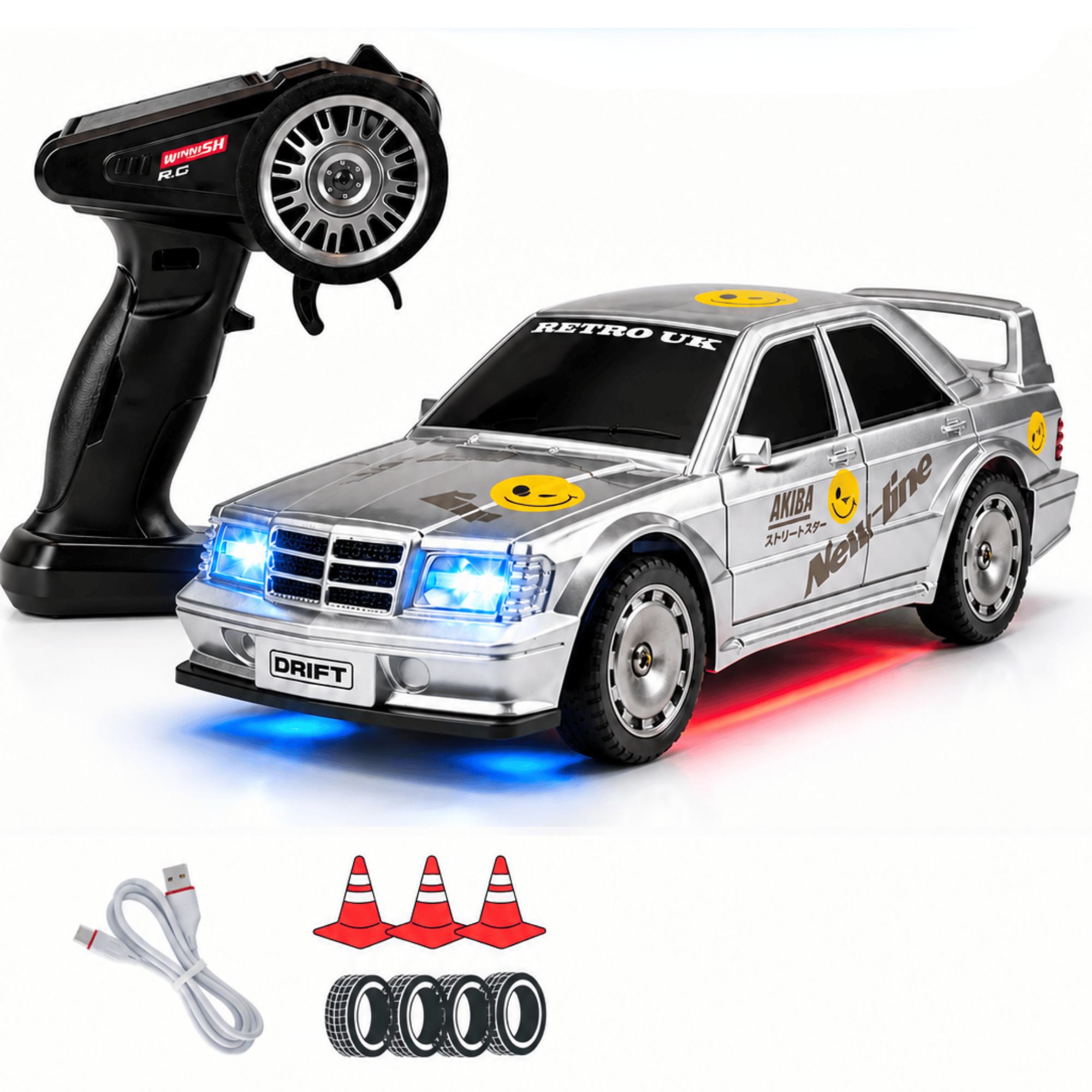 Uzaktan Kumandalı Mini Drift BMW EVO30 Model Araba Dahili Şarjlı Işıklı 4x4 Taşıma Kumandalı Hız Hassasiyetli ve Kademeli ,Kuka ve Drift Tekerleri HEDİYE 1:43 Ölçek (Gümüş)
