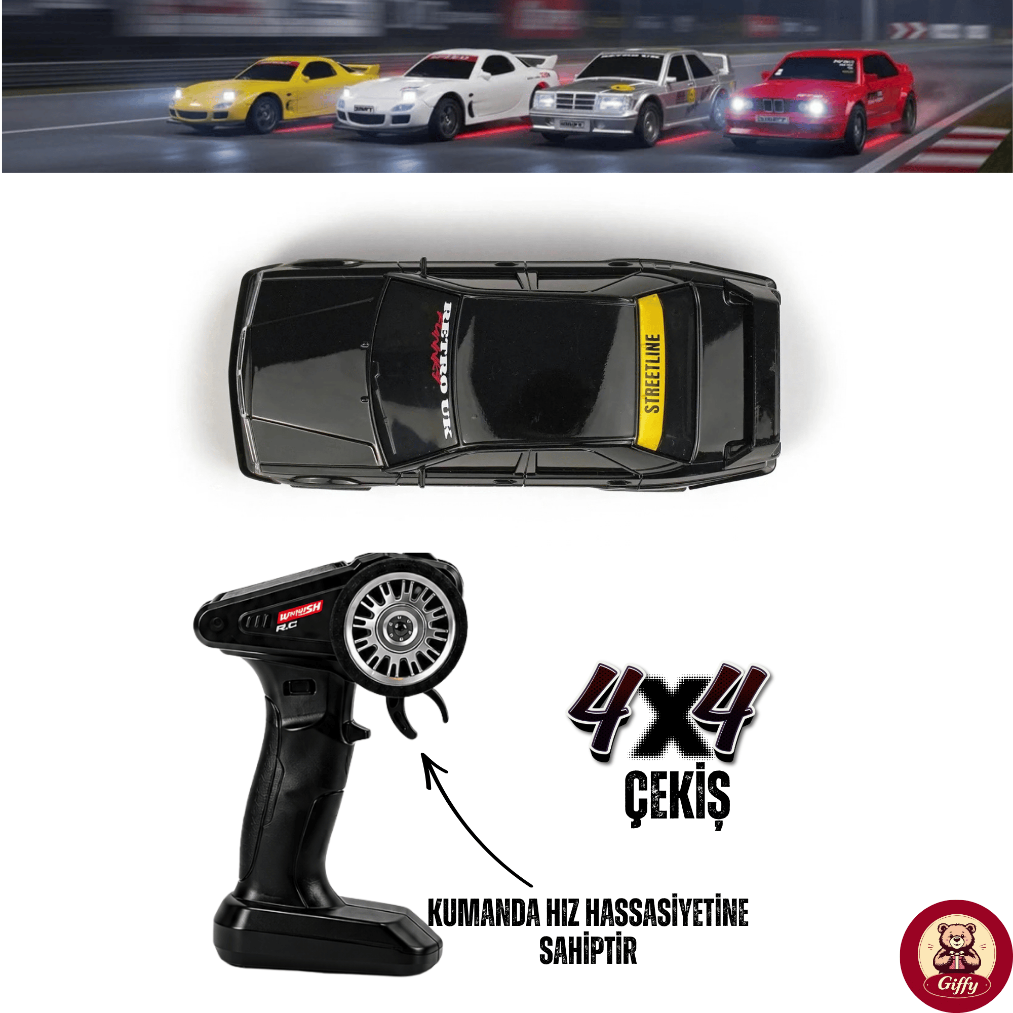 Uzaktan Kumandalı Mini Drift BMW EVO30 Model Araba Dahili Şarjlı Işıklı 4x4 Taşıma Kumandalı Hız Hassasiyetli ve Kademeli ,Kuka ve Drift Tekerleri HEDİYE 1:43 Ölçek (Siyah)