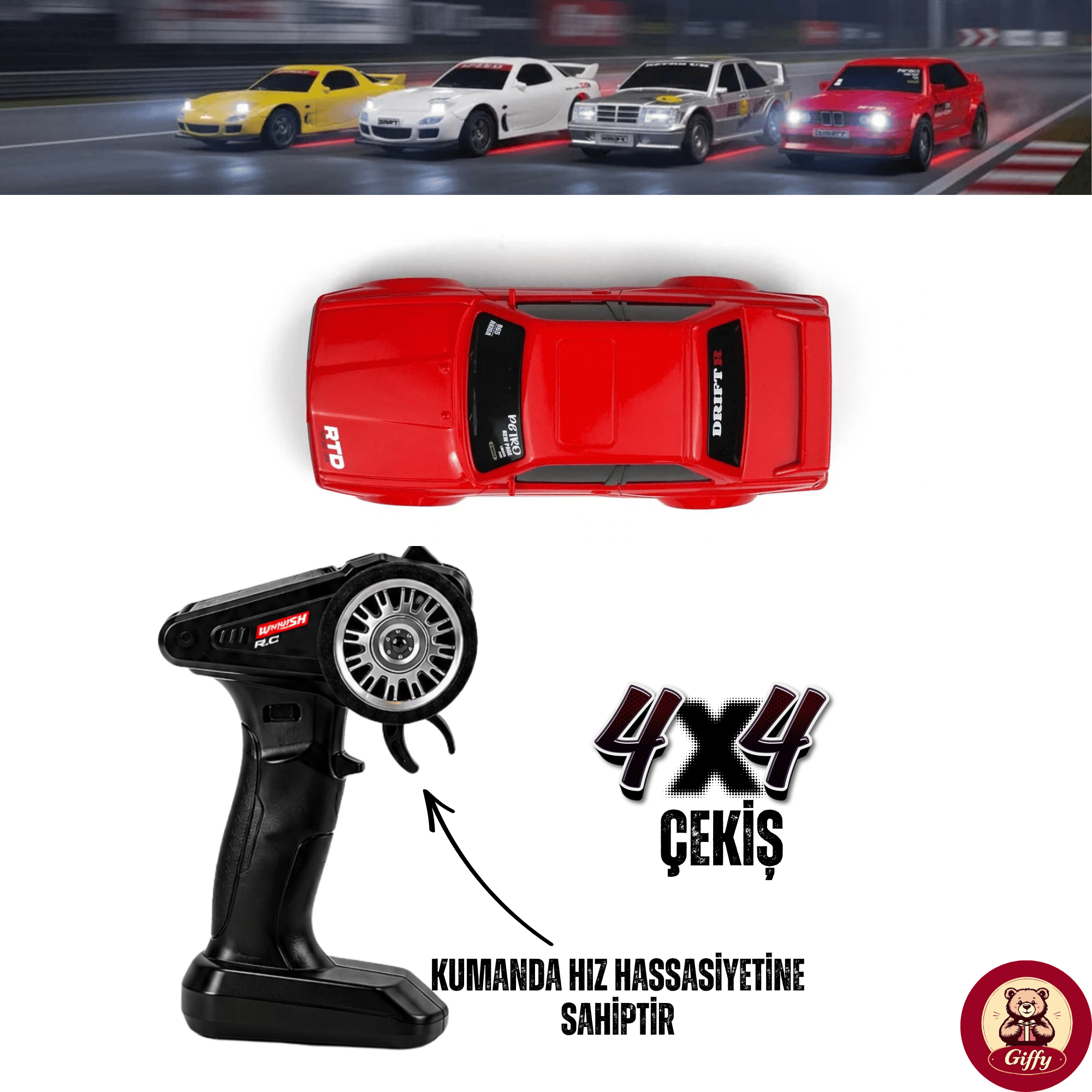 Uzaktan Kumandalı Mini Drift BMW EVO30 Model Araba Dahili Şarjlı Işıklı 4x4 Taşıma Kumandalı Hız Hassasiyetli ve Kademeli ,Kuka ve Drift Tekerleri HEDİYE 1:43 Ölçek (Kırmızı)