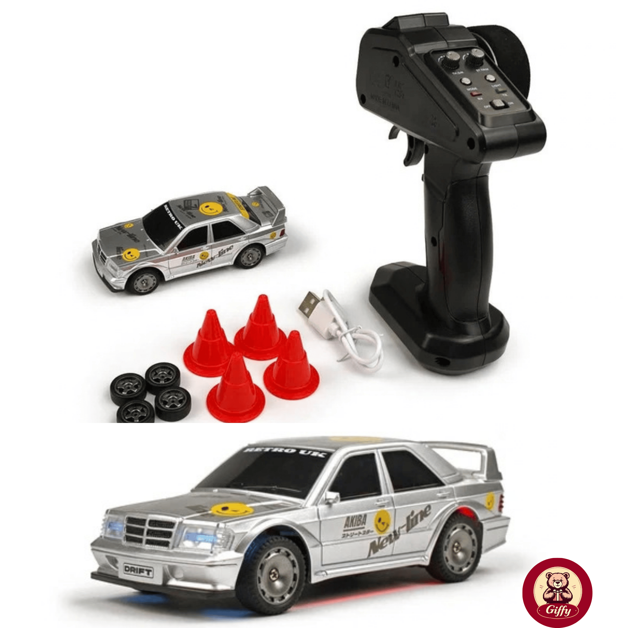Uzaktan Kumandalı Mini Drift BMW EVO30 Model Araba Dahili Şarjlı Işıklı 4x4 Taşıma Kumandalı Hız Hassasiyetli ve Kademeli ,Kuka ve Drift Tekerleri HEDİYE 1:43 Ölçek (Gümüş)