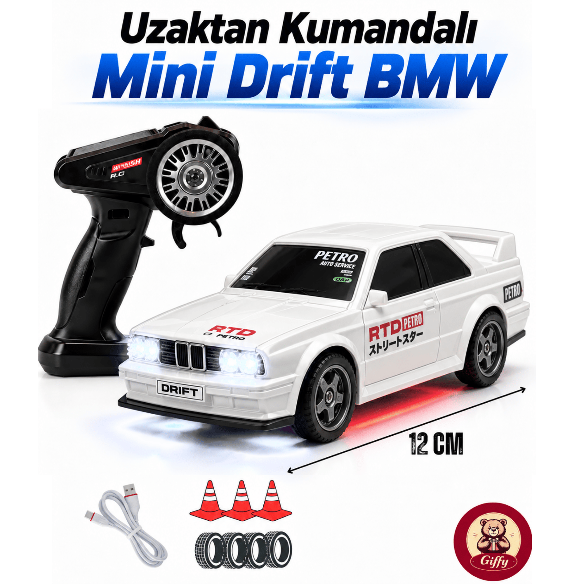 Uzaktan Kumandalı Mini Drift BMW EVO30 Model Araba Dahili Şarjlı Işıklı 4x4 Taşıma Kumandalı Hız Hassasiyetli ve Kademeli ,Kuka ve Drift Tekerleri HEDİYE 1:43 Ölçek (Beyaz)