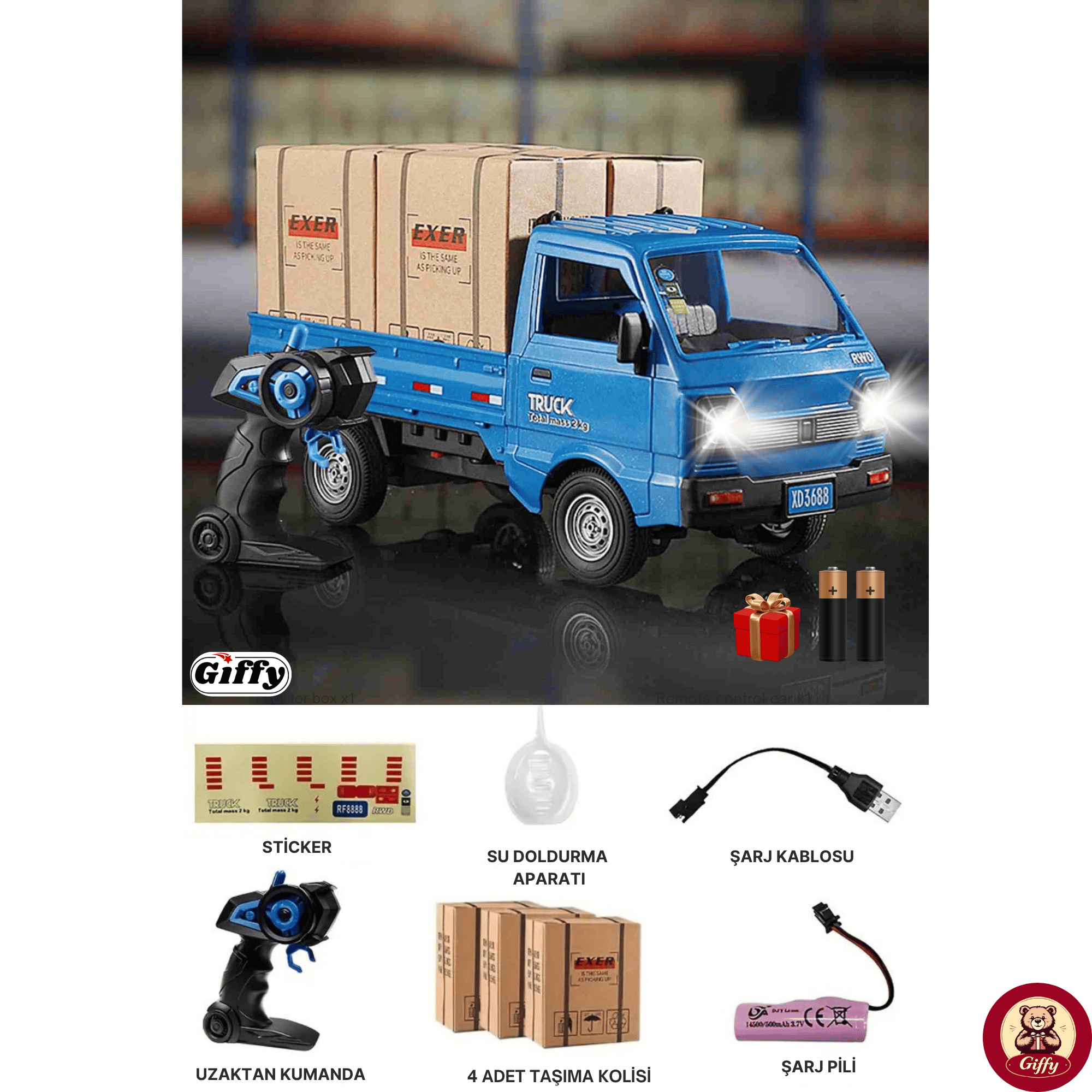 Uzaktan Kumandalı RC Kamyonet ,Yük Taşıma Aracı ,Sesli ,Işıklı ,Şarjlı ,(Pil Hediyeli),2.4 Ghz Araç (Mavi)