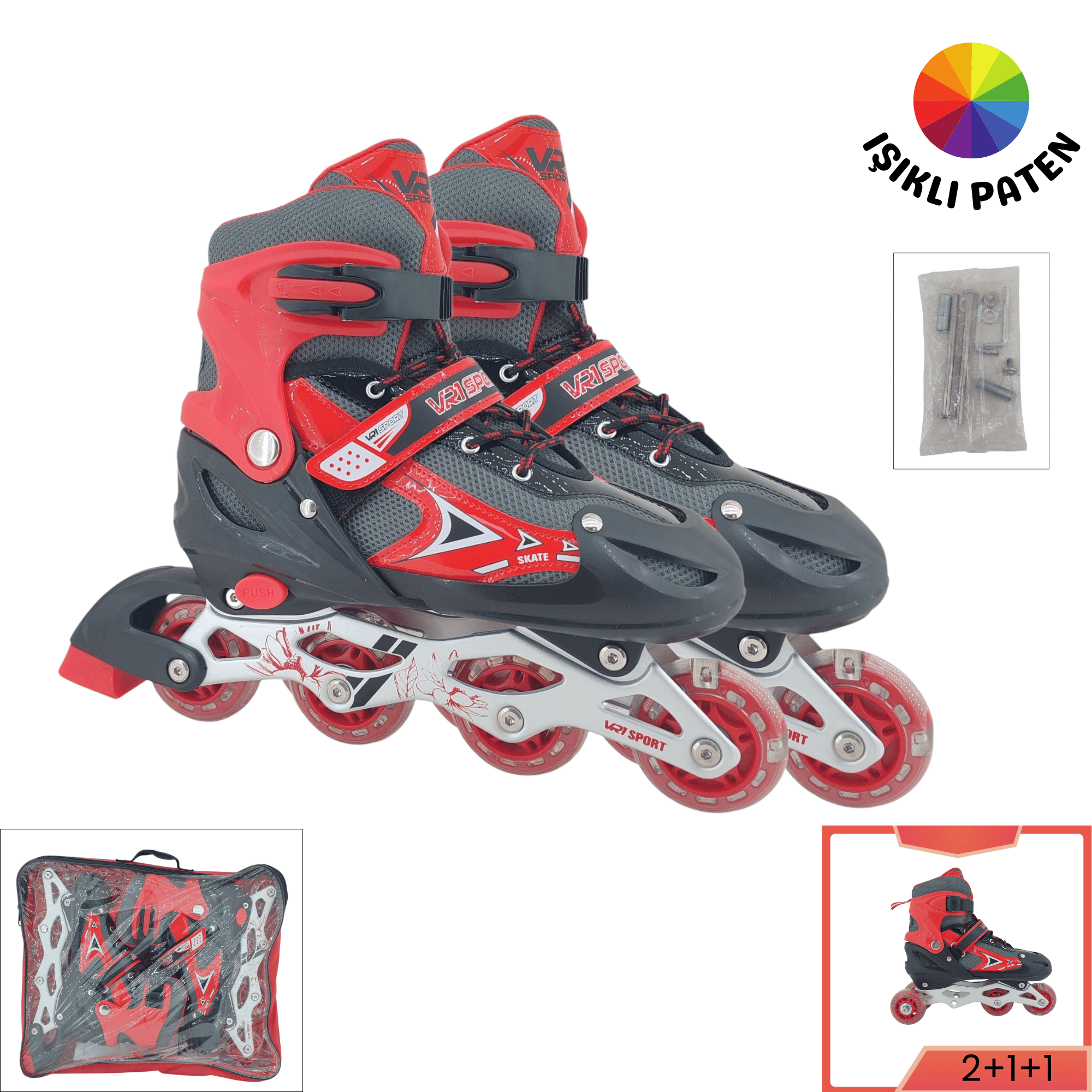 VR1 - Metal 2+2 Işıklı 3in1 Ayarlanabilir Çocuk Pateni 2+1+1 / 2+2 Silikon Tekerli Uç Korumalı (Kırmızı)
