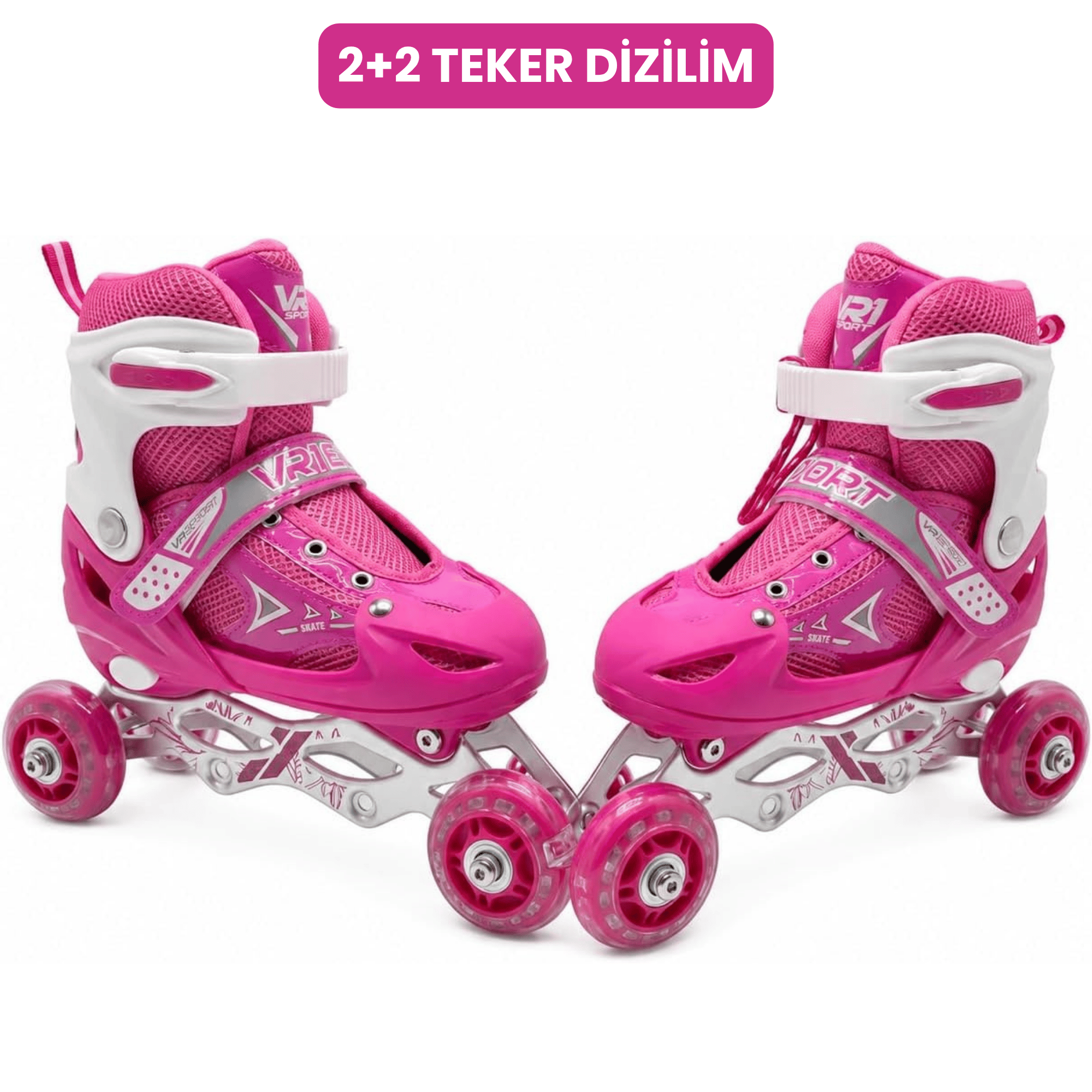 VR1 - Metal 2+2 Işıklı 3in1 Ayarlanabilir Çocuk Pateni 2+1+1 / 2+2 Silikon Tekerli Uç Korumalı (Pembe)