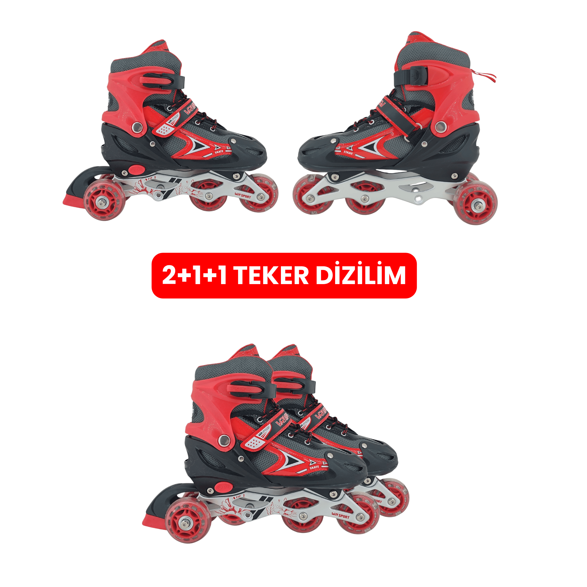 VR1 - Metal 2+2 Işıklı 3in1 Ayarlanabilir Çocuk Pateni 2+1+1 / 2+2 Silikon Tekerli Uç Korumalı (Kırmızı)