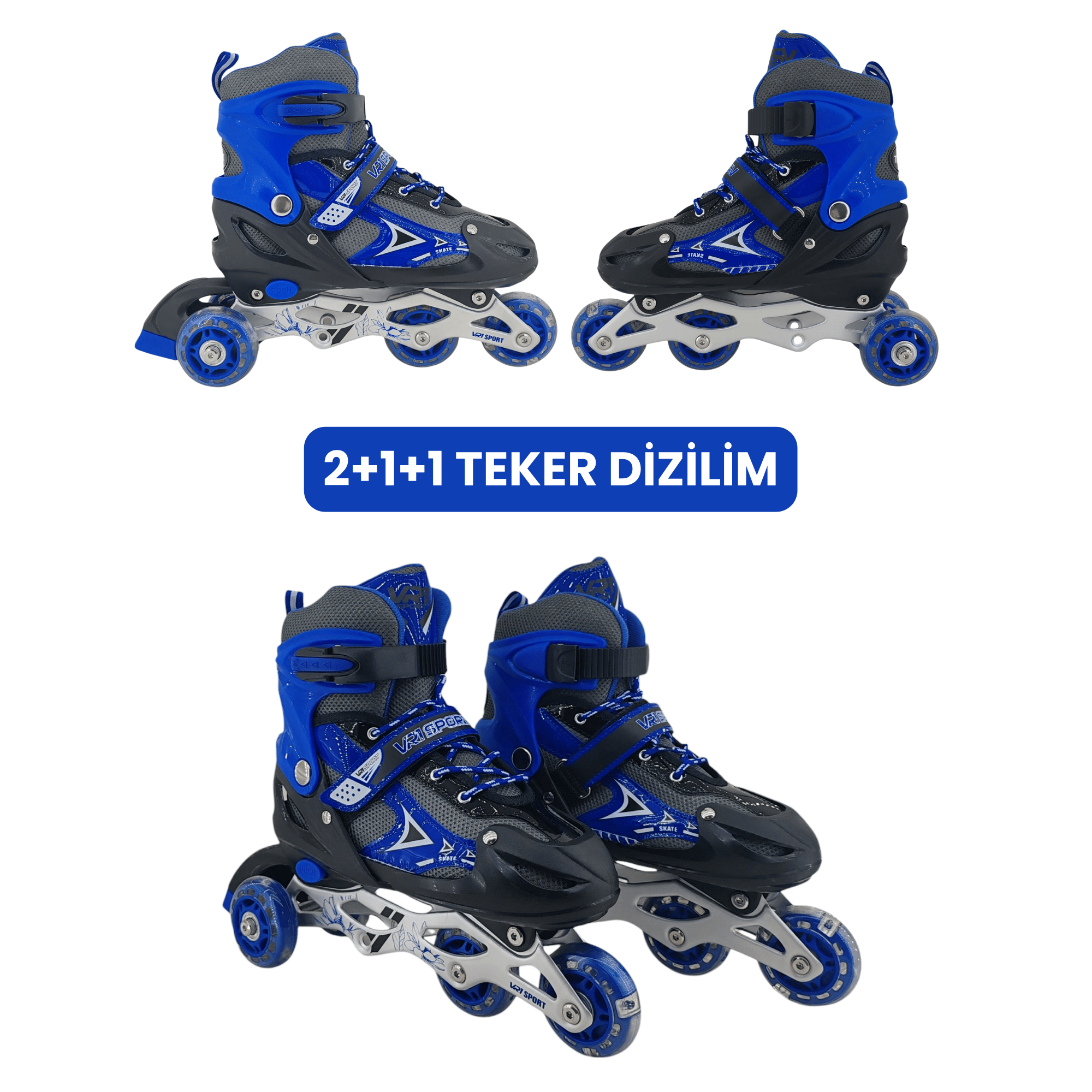 VR1 - Metal 2+2 Işıklı 3in1 Ayarlanabilir Çocuk Pateni 2+1+1 / 2+2 Silikon Tekerli Uç Korumalı (Mavi)
