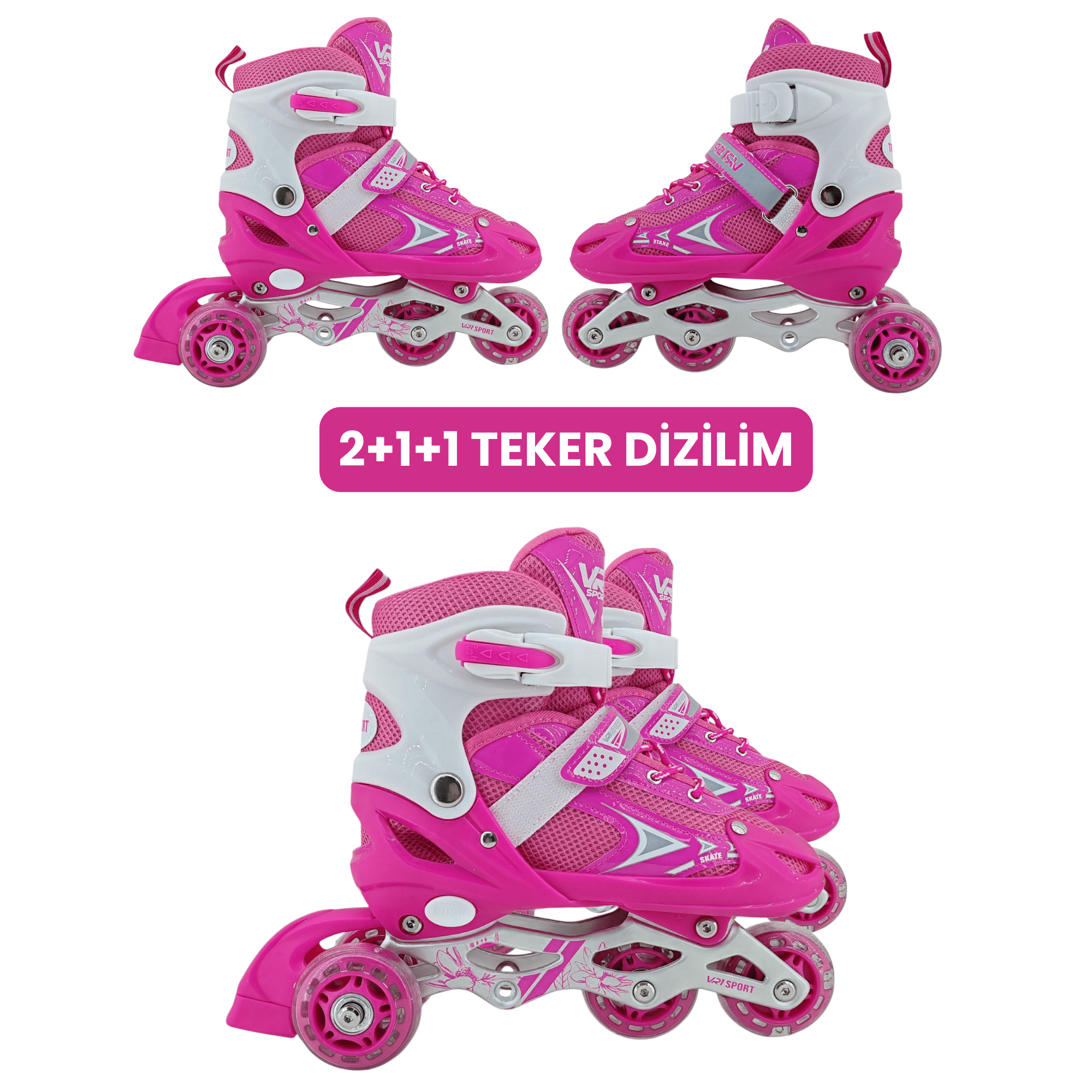 VR1 - Metal 2+2 Işıklı 3in1 Ayarlanabilir Çocuk Pateni 2+1+1 / 2+2 Silikon Tekerli Uç Korumalı (Pembe)