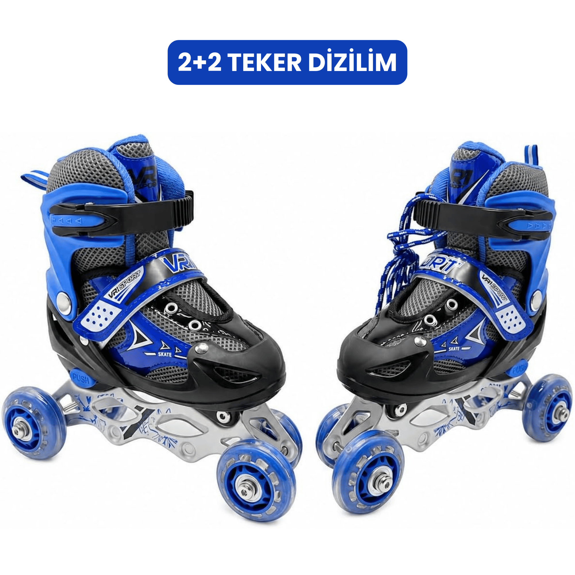 VR1 - Metal 2+2 Işıklı 3in1 Ayarlanabilir Çocuk Pateni 2+1+1 / 2+2 Silikon Tekerli Uç Korumalı (Mavi)
