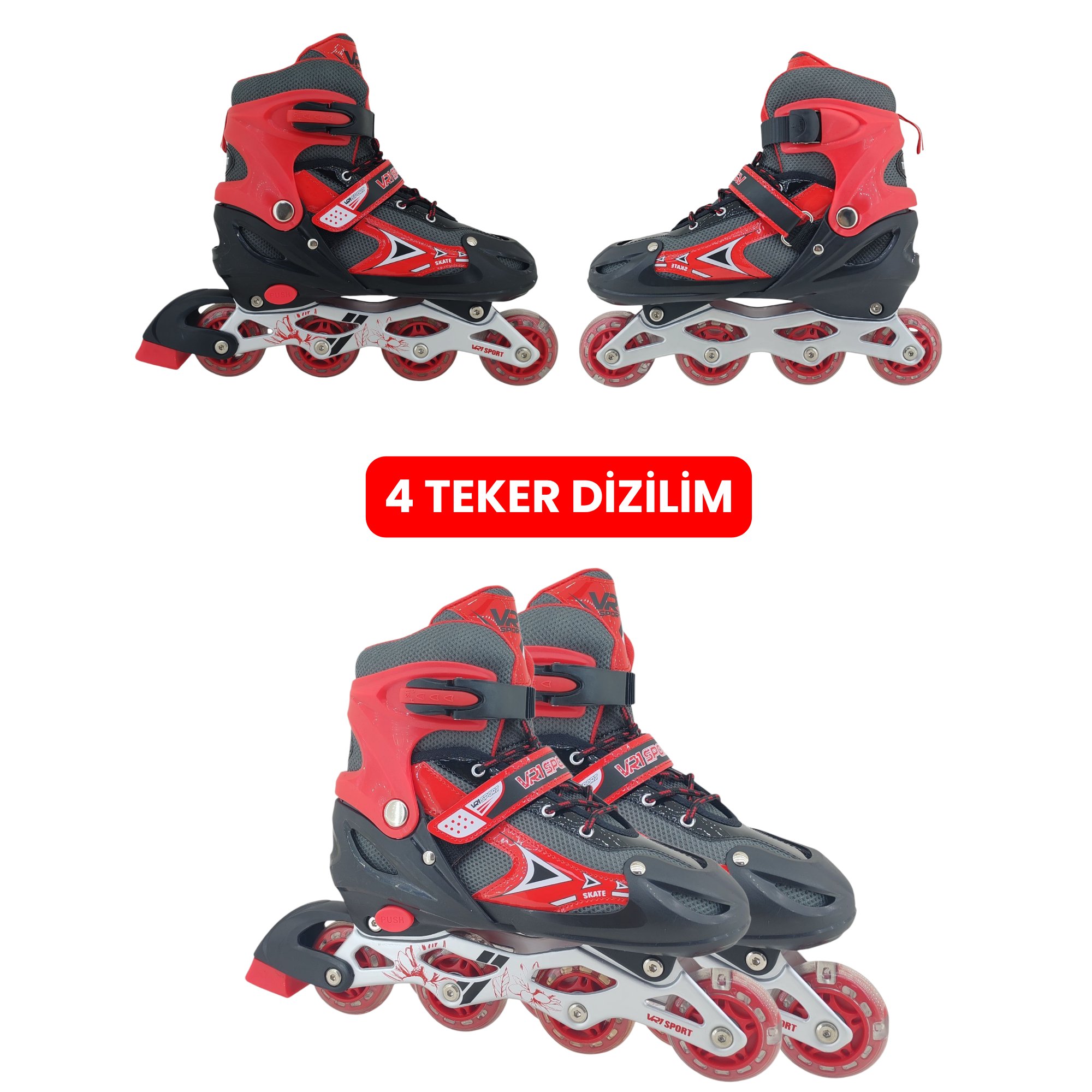 VR1 - Metal 2+2 Işıklı 3in1 Ayarlanabilir Çocuk Pateni 2+1+1 / 2+2 Silikon Tekerli Uç Korumalı (Kırmızı)