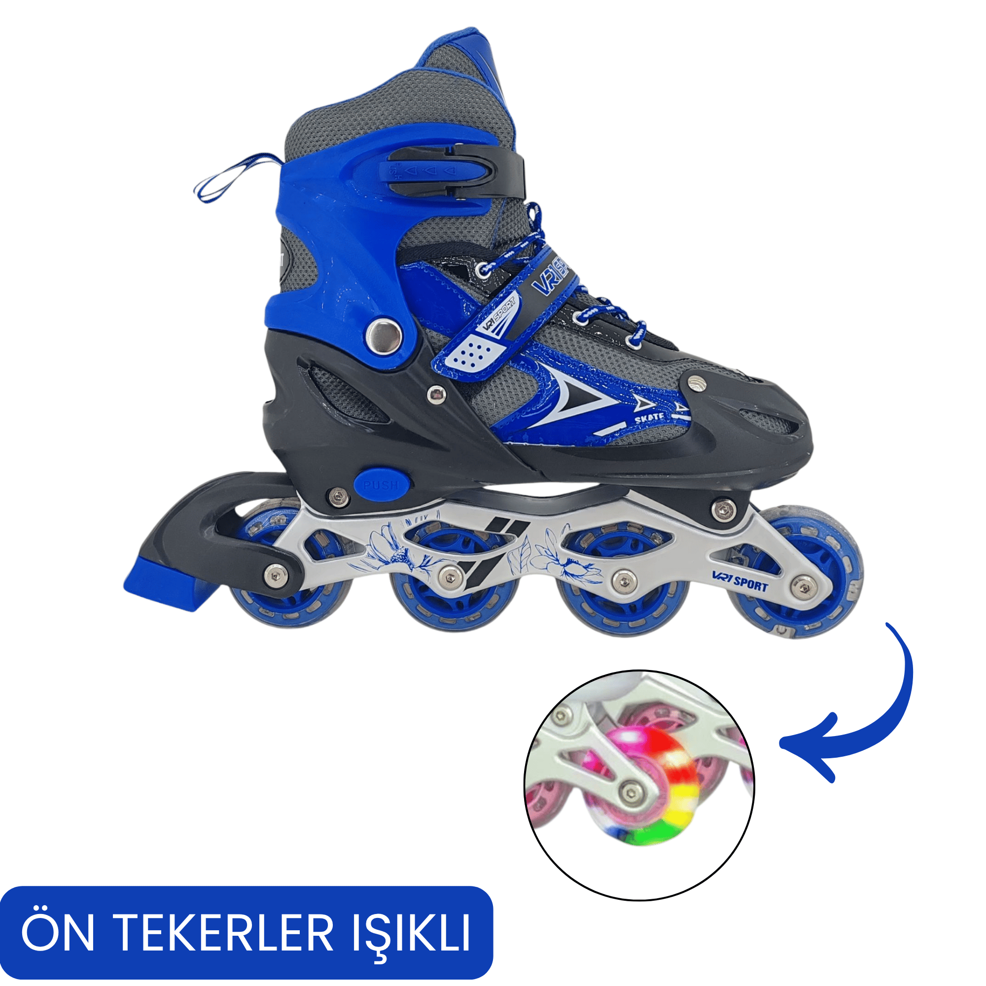 VR1 - Metal 2+2 Işıklı 3in1 Ayarlanabilir Çocuk Pateni 2+1+1 / 2+2 Silikon Tekerli Uç Korumalı (Mavi)