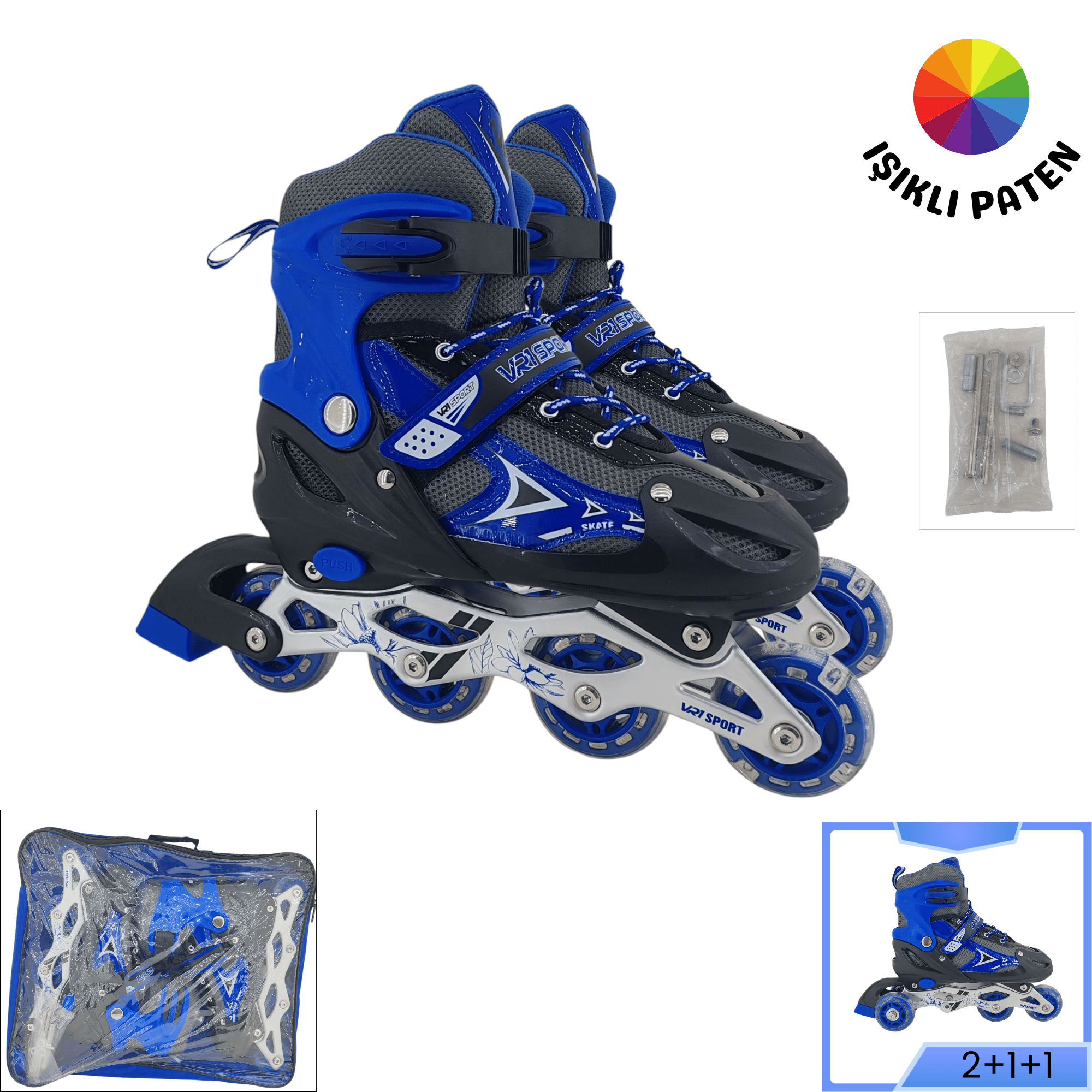 VR1 - Metal 2+2 Işıklı 3in1 Ayarlanabilir Çocuk Pateni 2+1+1 / 2+2 Silikon Tekerli Uç Korumalı (Mavi)