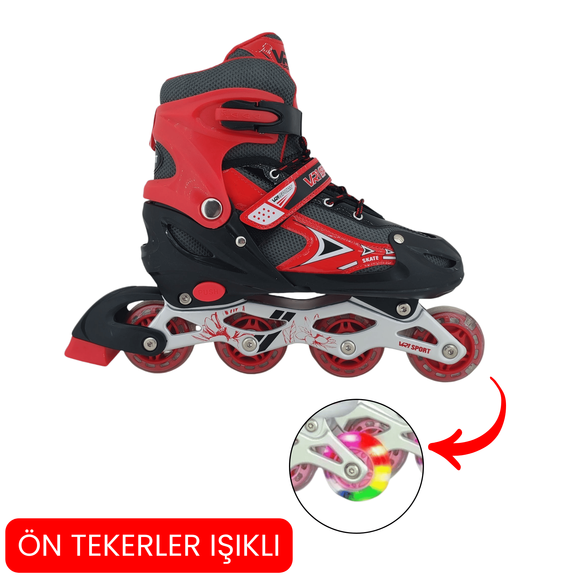 VR1 - Metal 2+2 Işıklı 3in1 Ayarlanabilir Çocuk Pateni 2+1+1 / 2+2 Silikon Tekerli Uç Korumalı (Kırmızı)