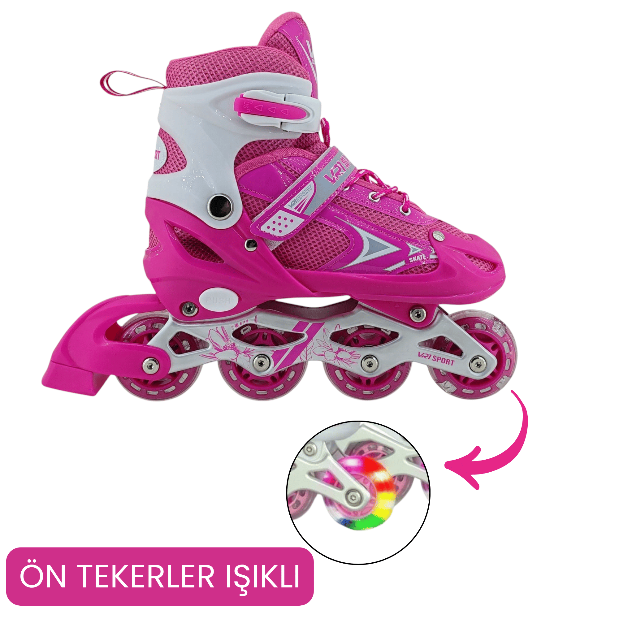VR1 - Metal 2+2 Işıklı 3in1 Ayarlanabilir Çocuk Pateni 2+1+1 / 2+2 Silikon Tekerli Uç Korumalı (Pembe)