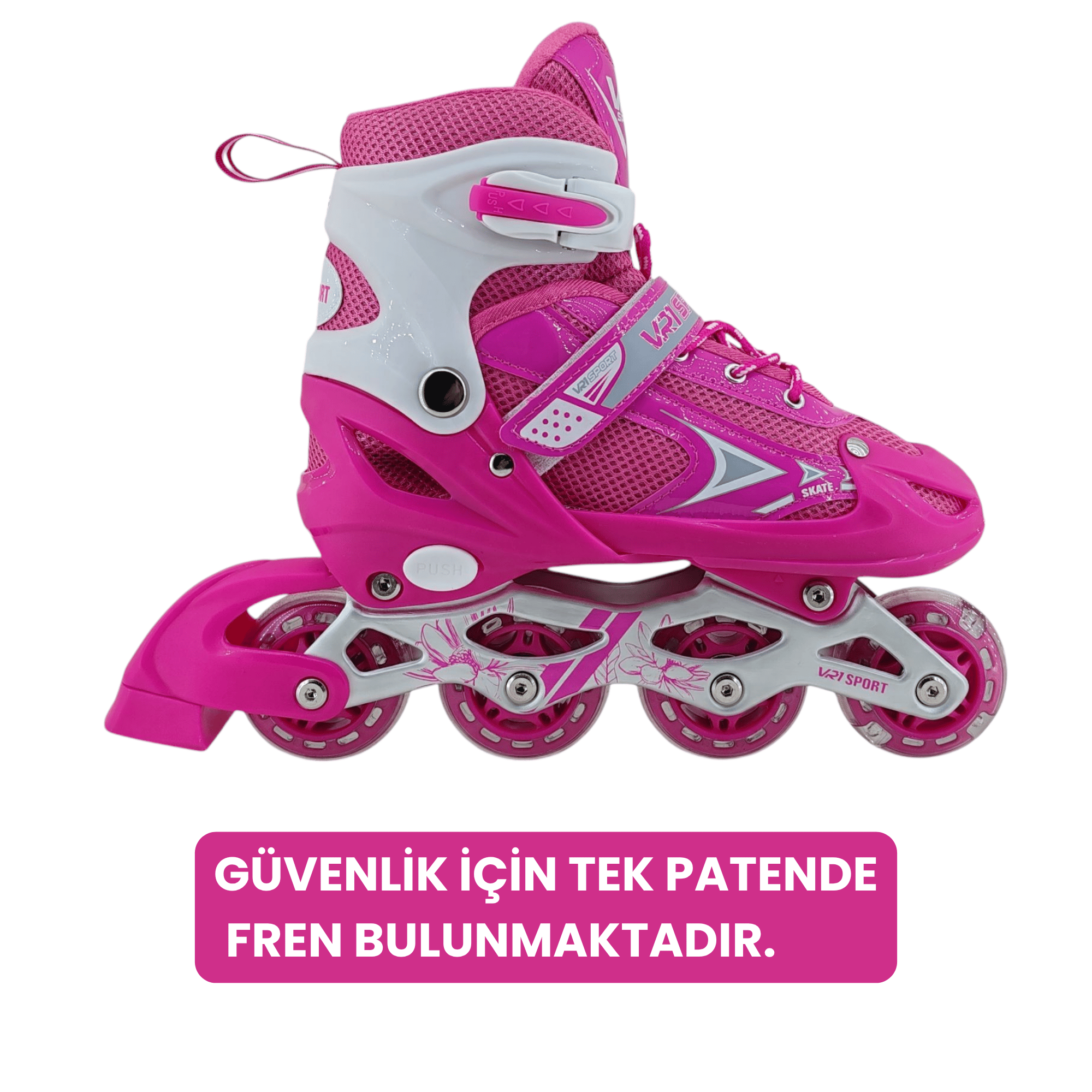 VR1 - Metal 2+2 Işıklı 3in1 Ayarlanabilir Çocuk Pateni 2+1+1 / 2+2 Silikon Tekerli Uç Korumalı (Pembe)
