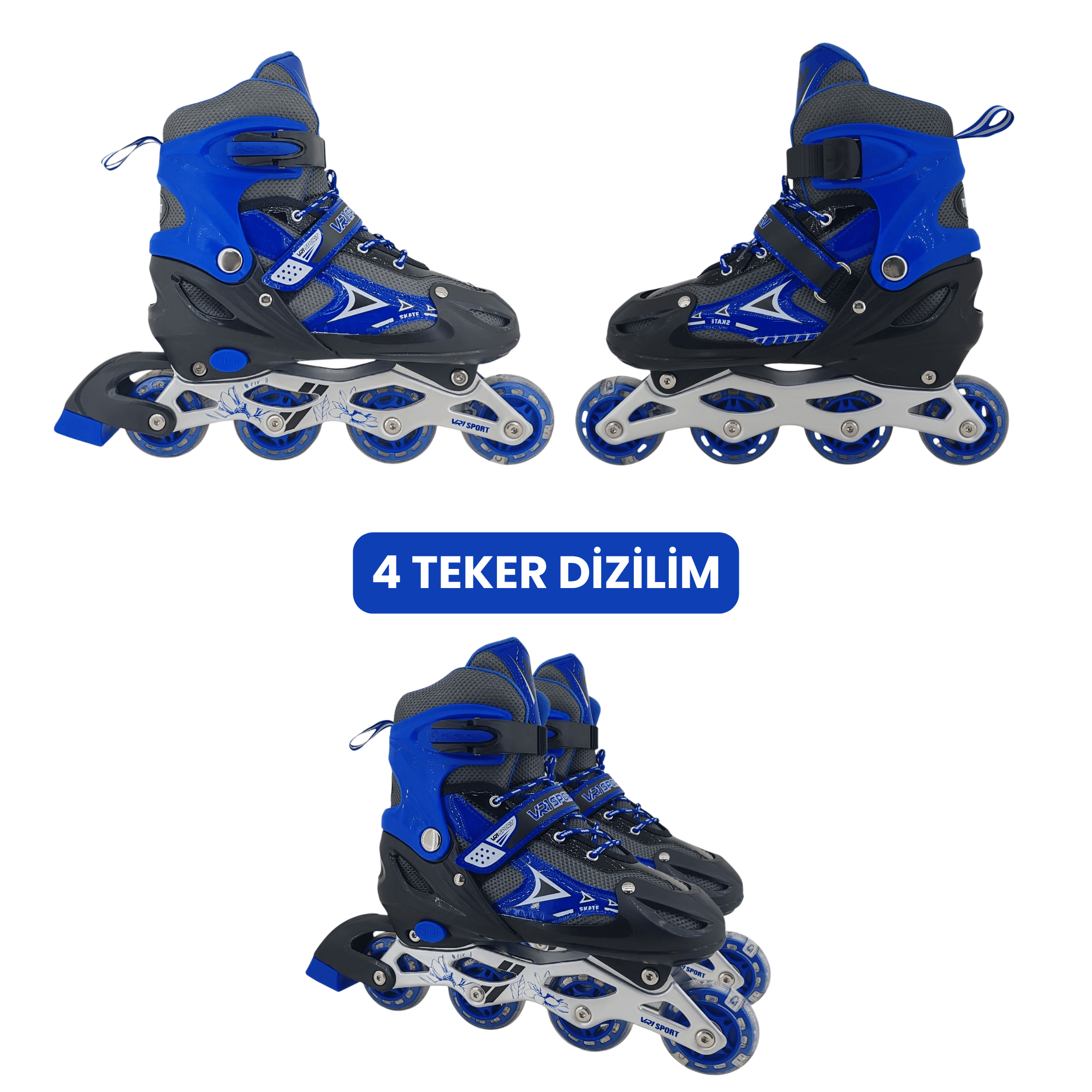 VR1 - Metal 2+2 Işıklı 3in1 Ayarlanabilir Çocuk Pateni 2+1+1 / 2+2 Silikon Tekerli Uç Korumalı (Mavi)