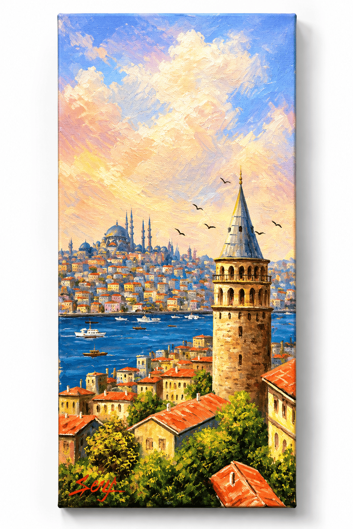 Galata Kulesi ve İstanbul Boğazı Renkli Şehir Manzarası Yağlı Boya Tablo