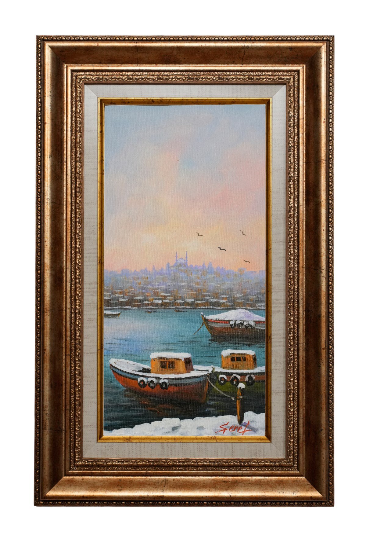 Karlı İstanbul Kıyısı ve Balıkçı Tekneleri Yağlı Boya Tablo
