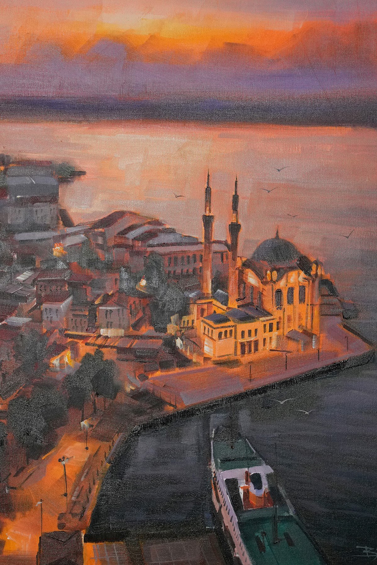 Kızıl Gökyüzü Altında Ortaköy Camii ve Vapur