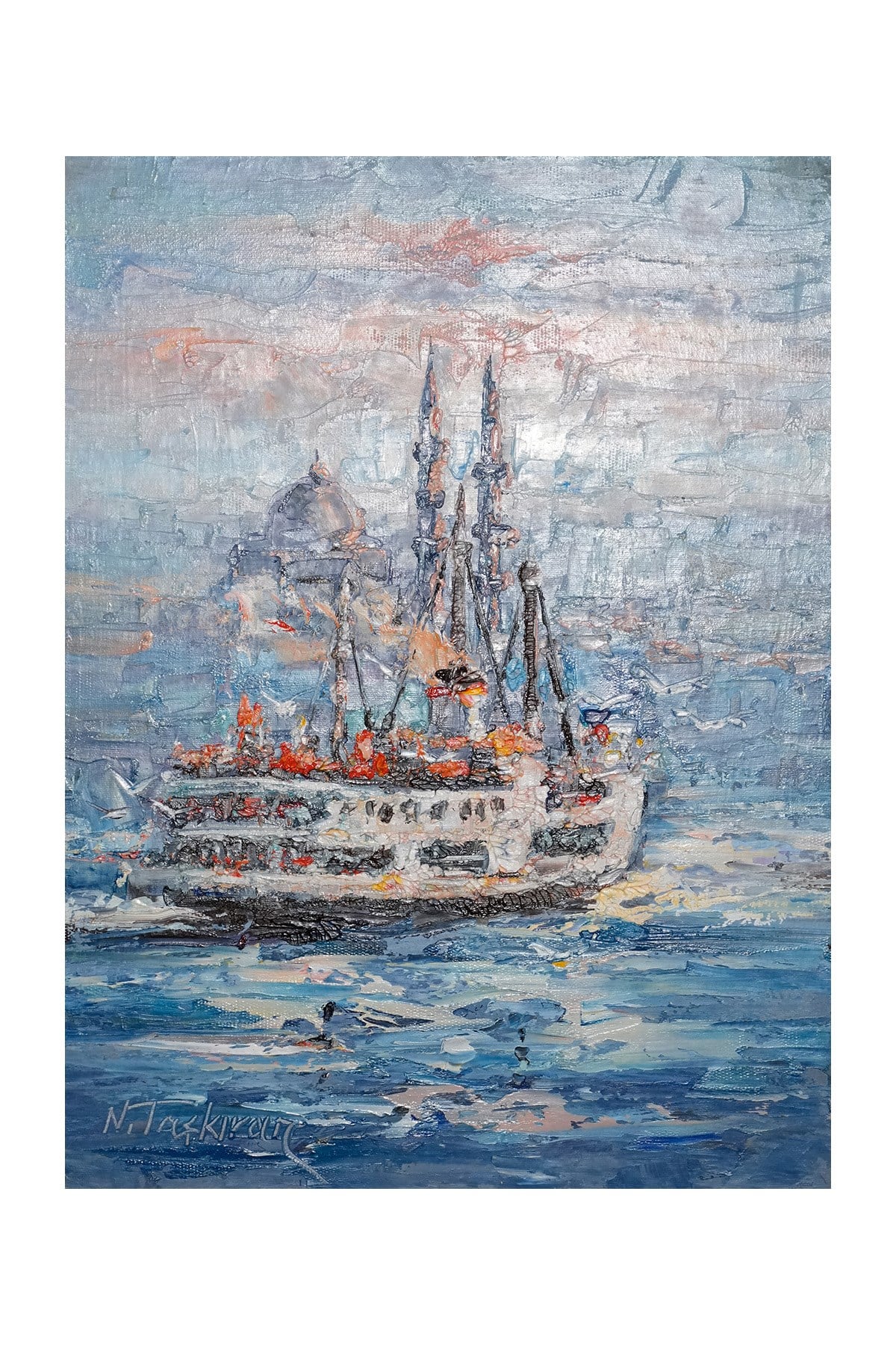 Mavi Sularda Yolcu Vapuru ve Cami Silüeti