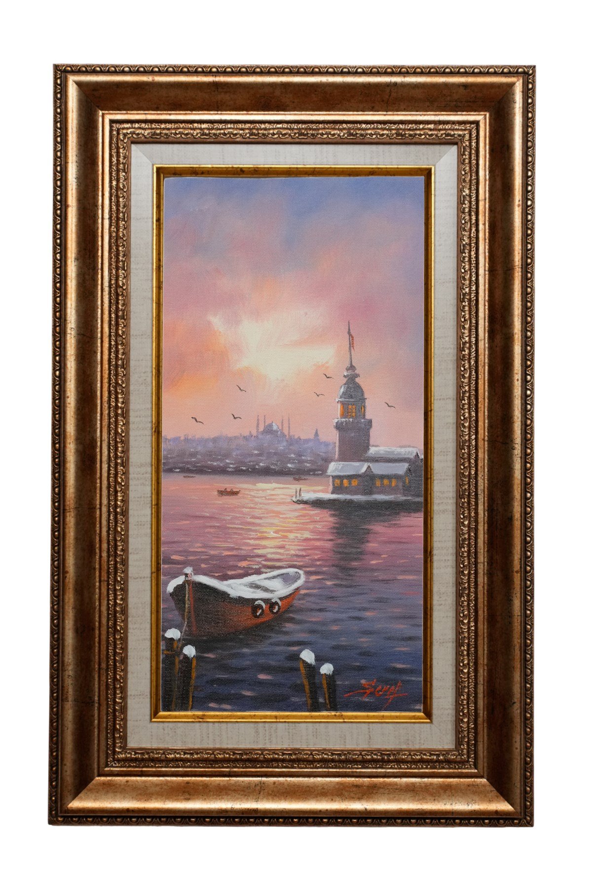 Pembe Gün Batımında Kız Kulesi Yağlı Boya