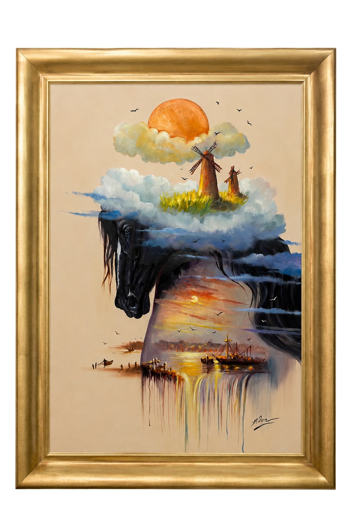 Yel Değirmenleri ve At Figürlü Modern Sanat Tablosu