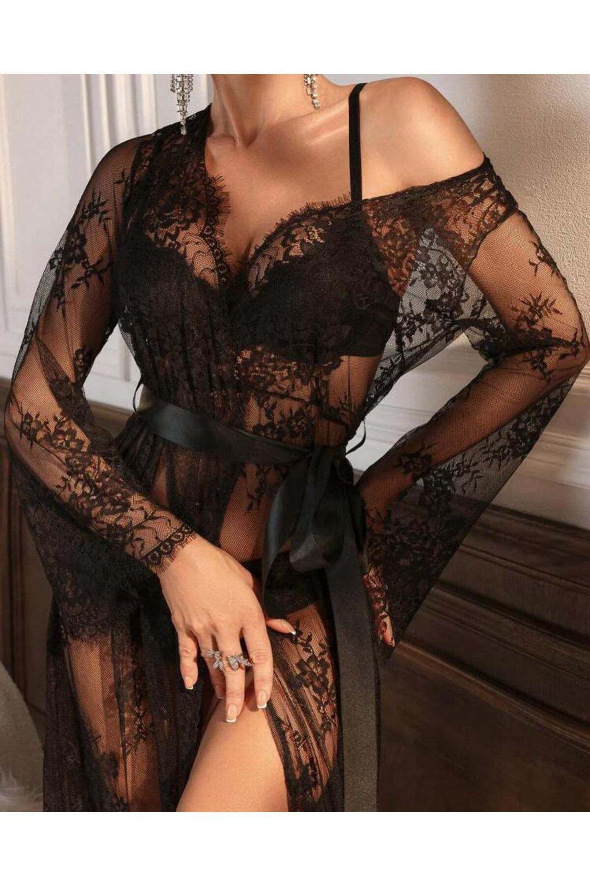Dantel detaylı uzun kimono