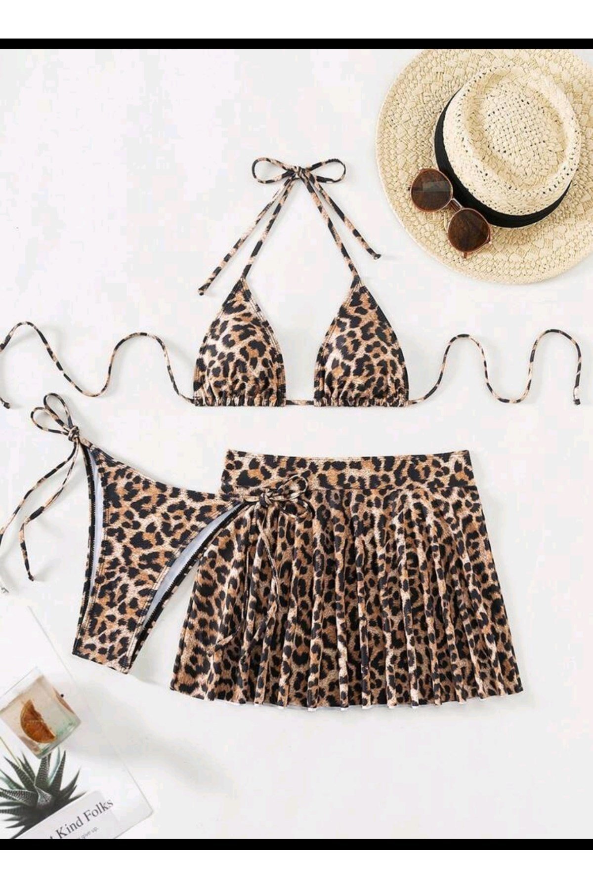Eteği leopar desenli bikini pareo set