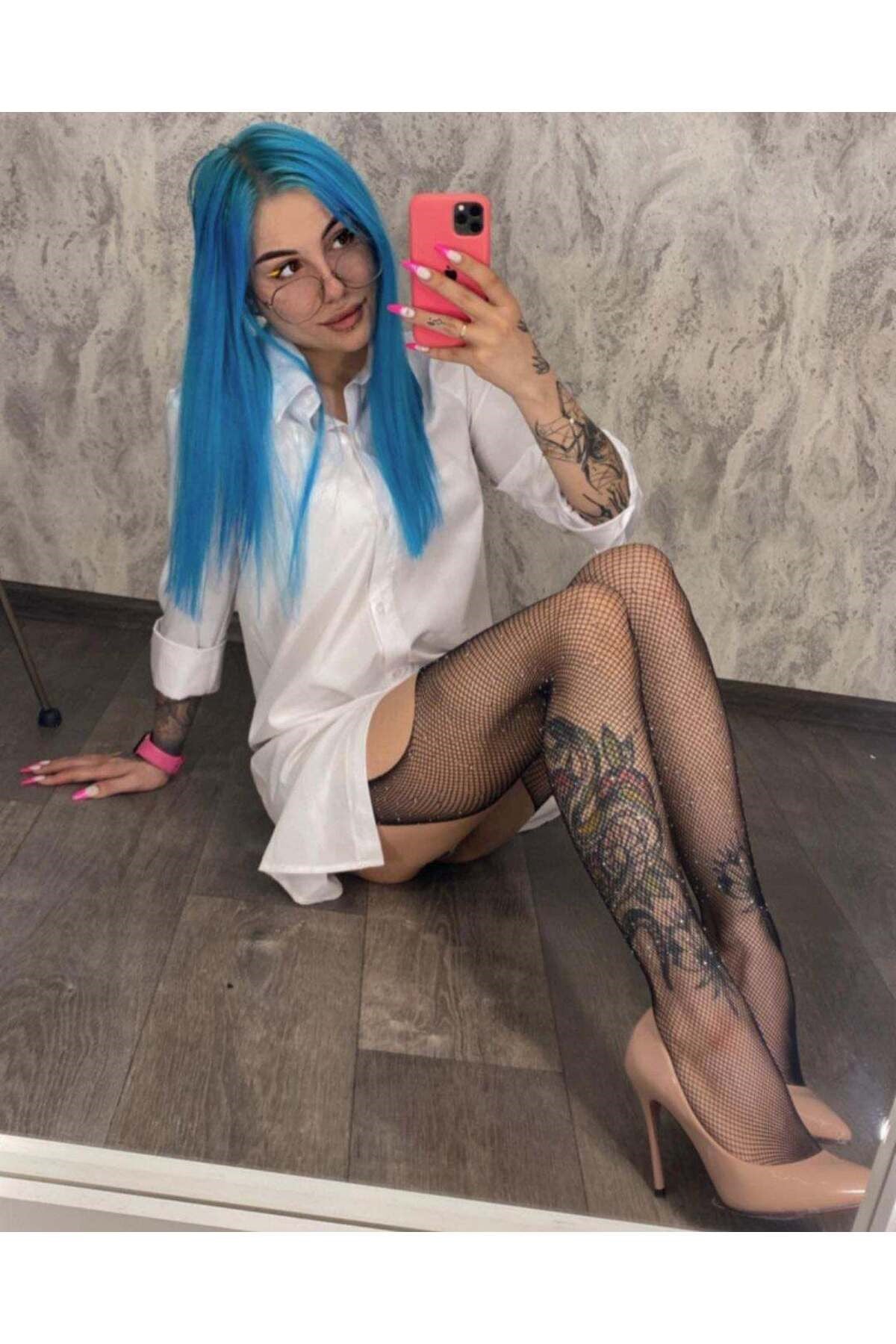 Kristal taşlı ağ bölgesi açık külotlu çorap