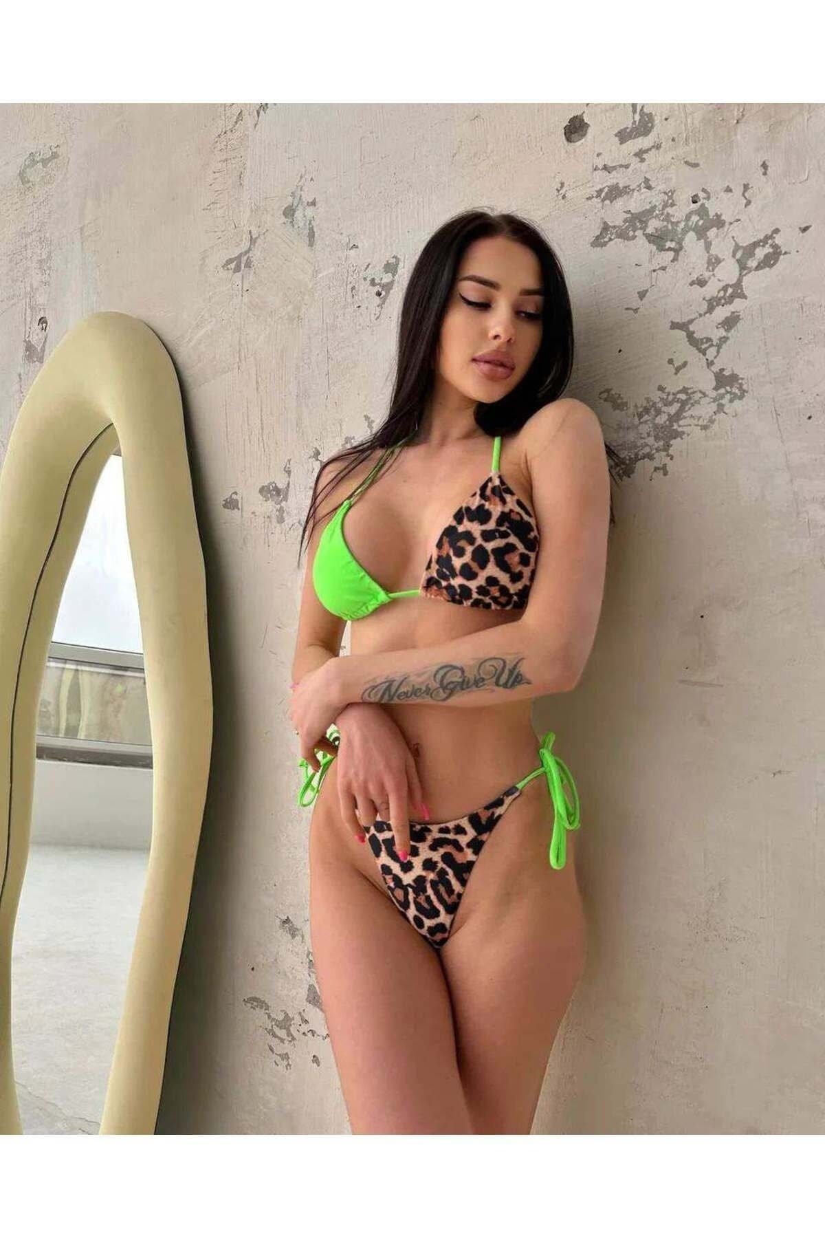 Leopar çift renk bikini takım