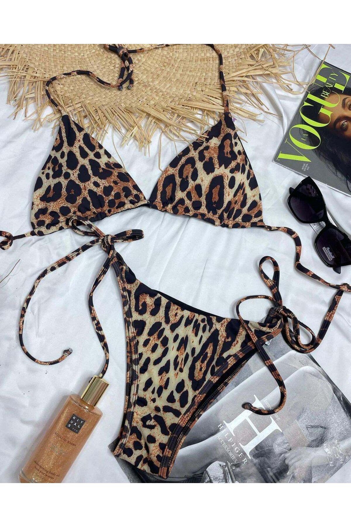 Leopar desenli bikini set