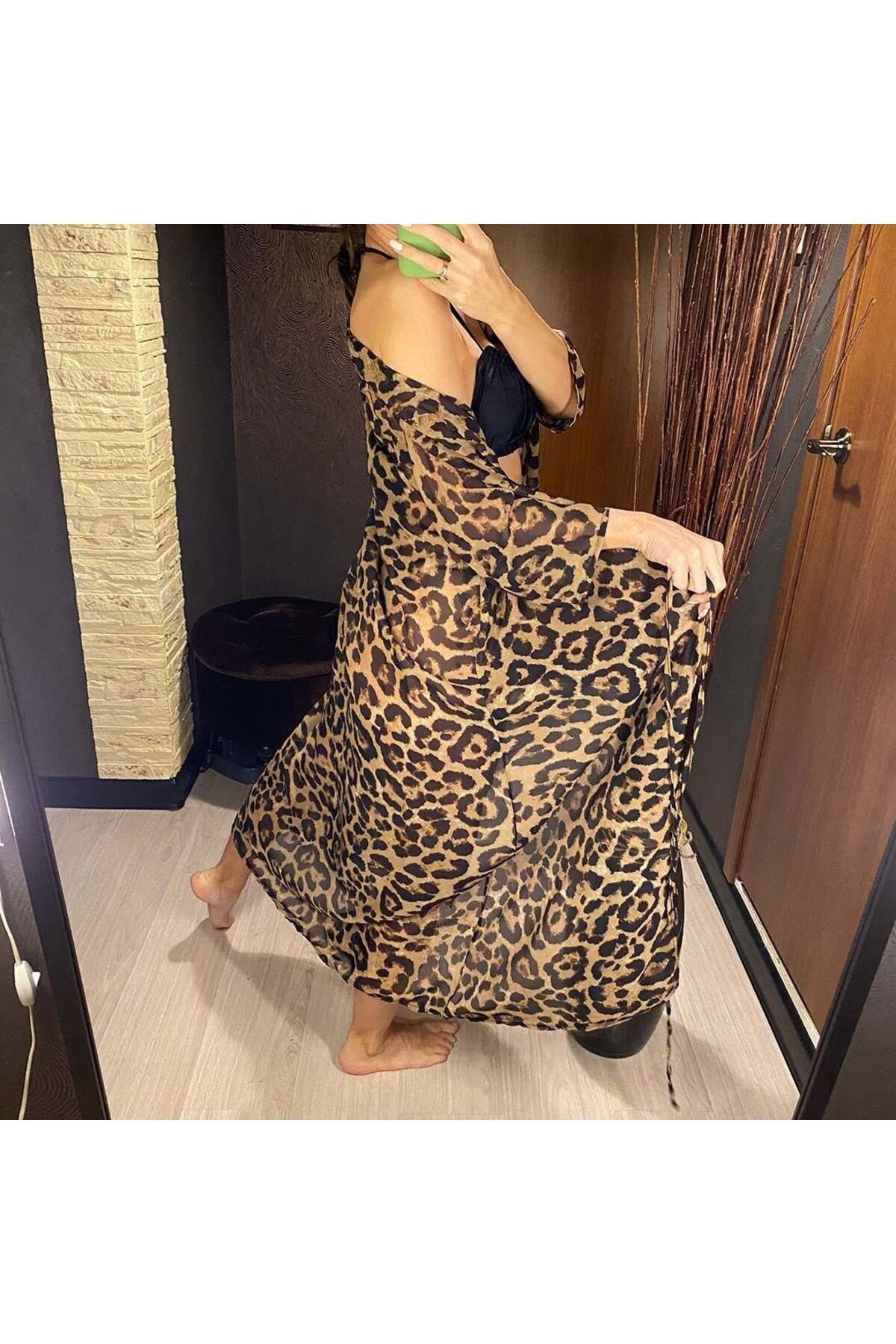 Leopar desenli pareo ve büzgülü bikini set