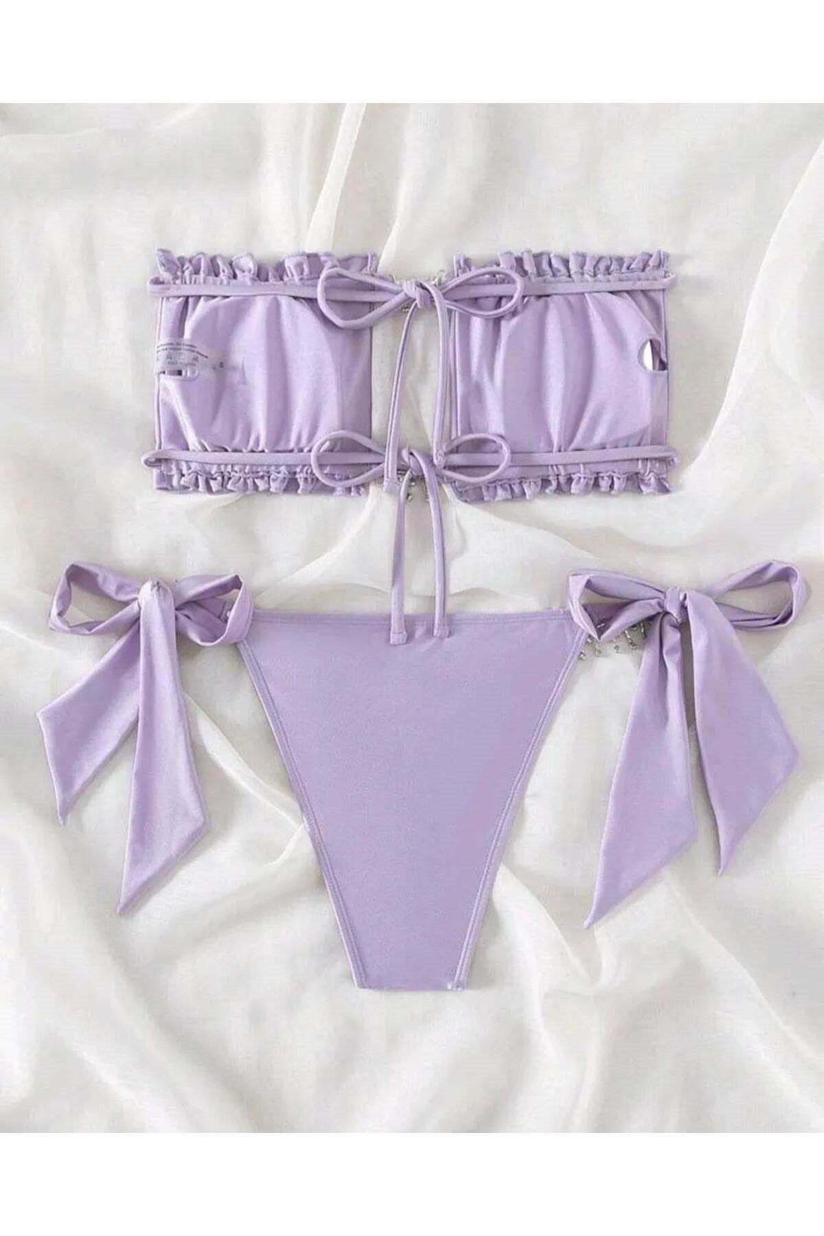 Lilla taşlı bikini takım