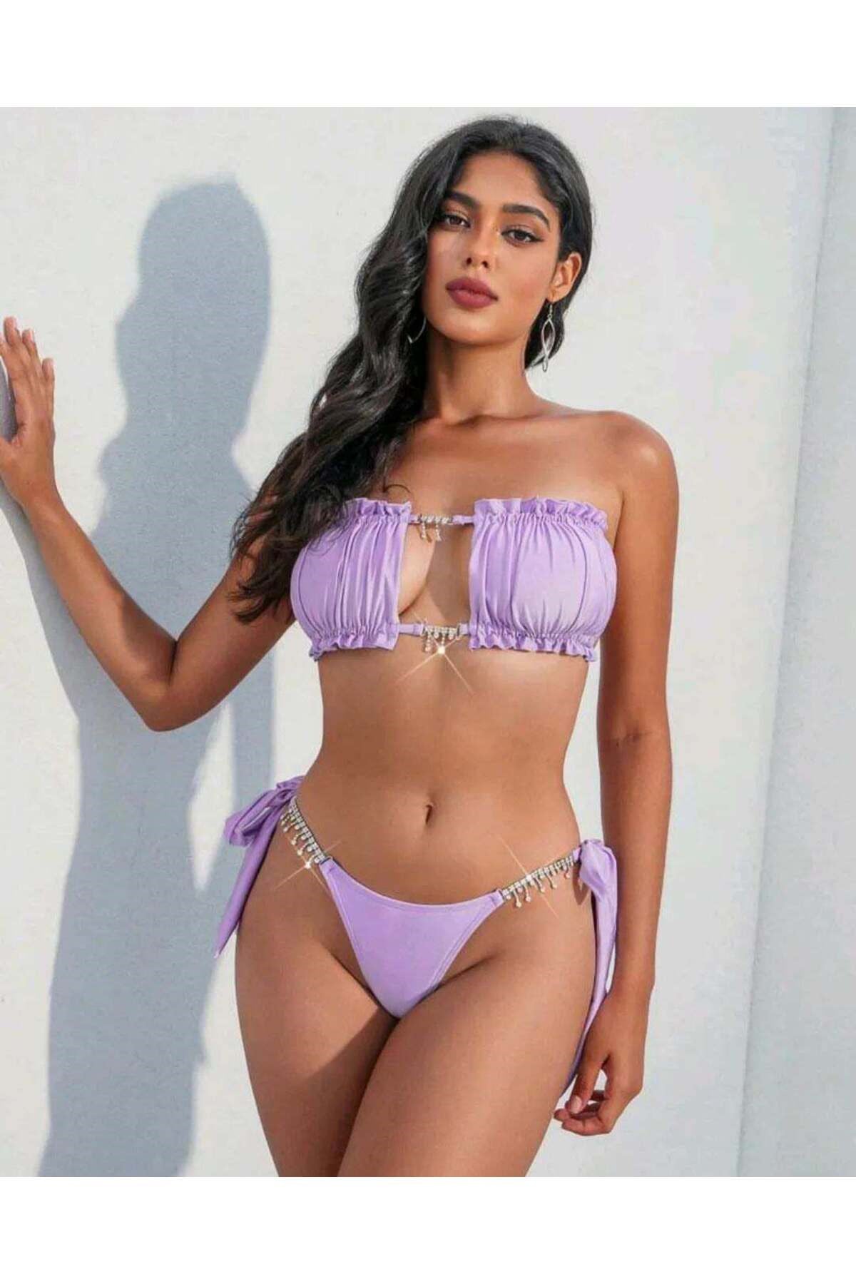 Lilla taşlı bikini takım