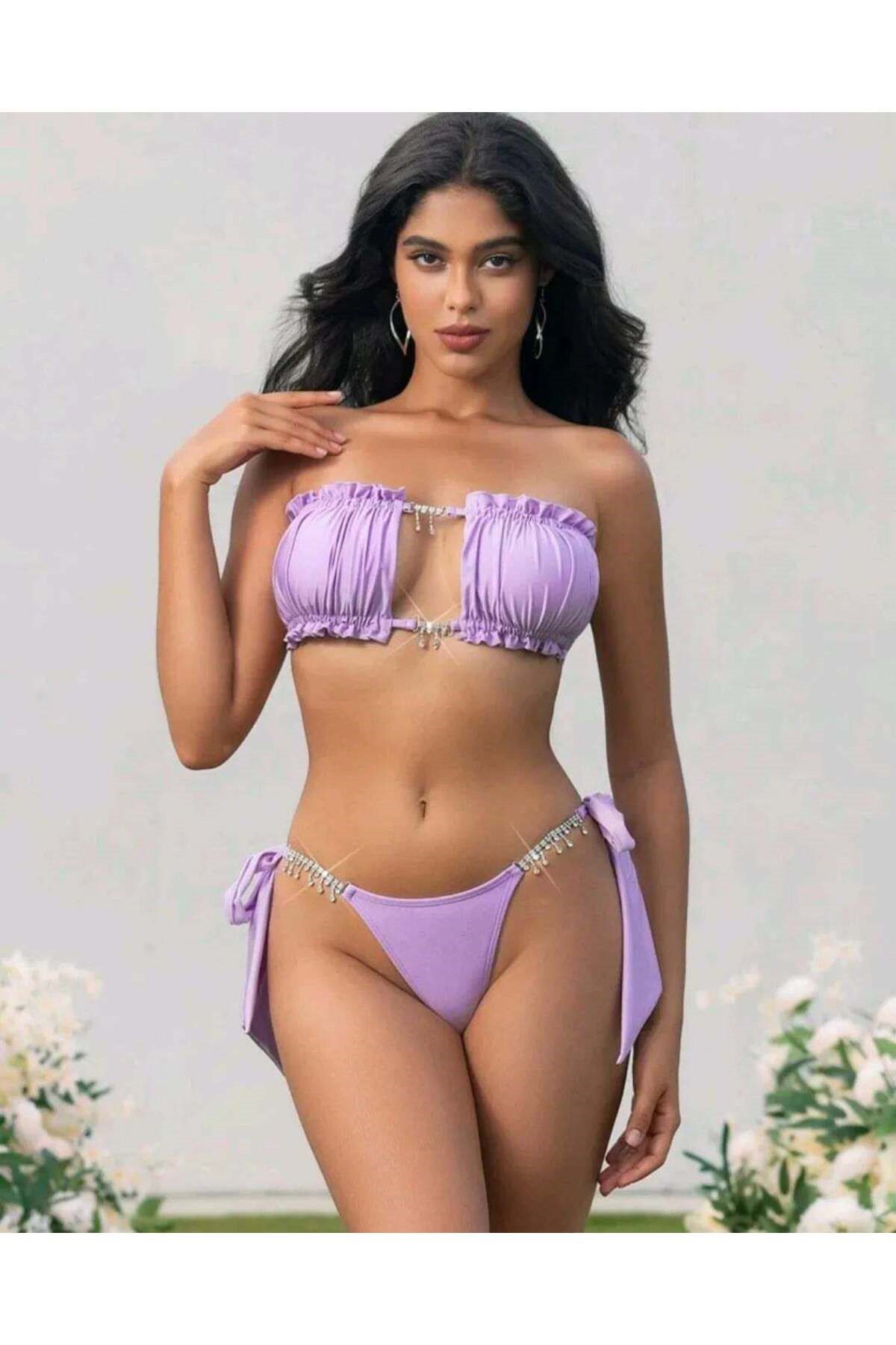 Lilla taşlı bikini takım