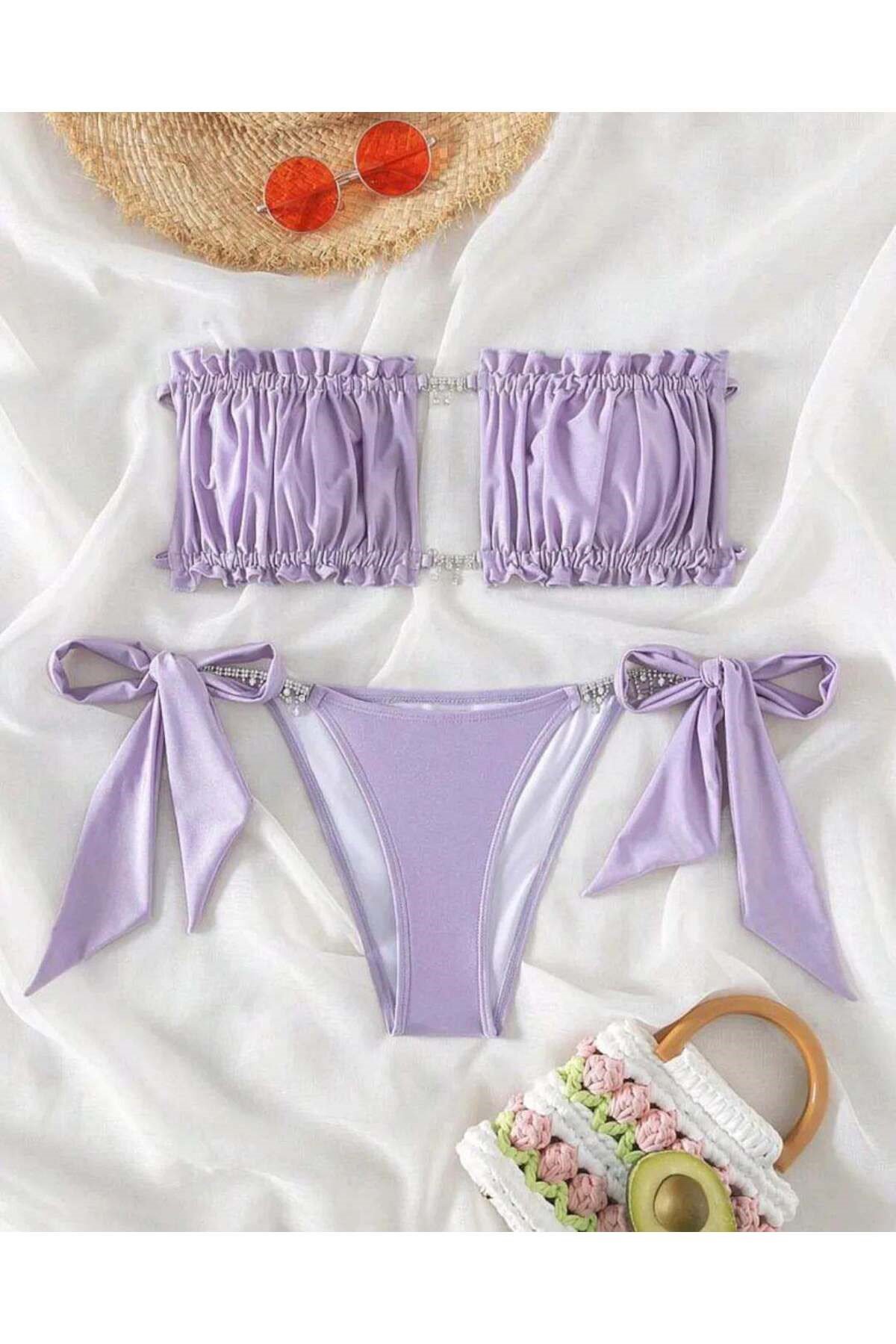 Lilla taşlı bikini takım