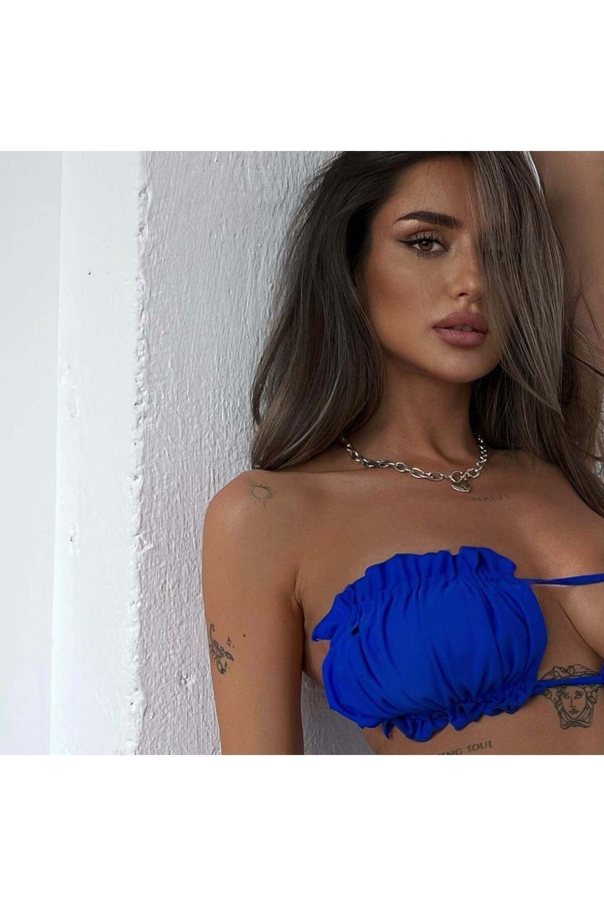 Saks mavisi büzgülü bikini takım