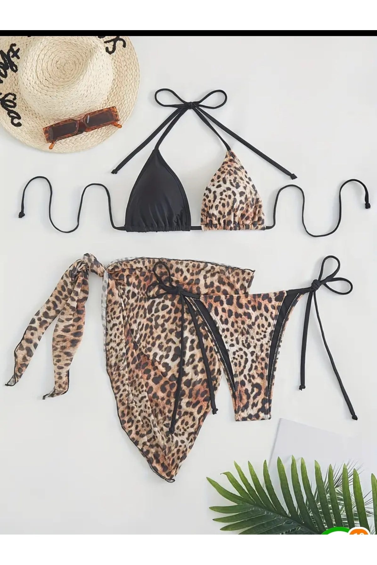 Seniz leopar desenli bikini pareo set