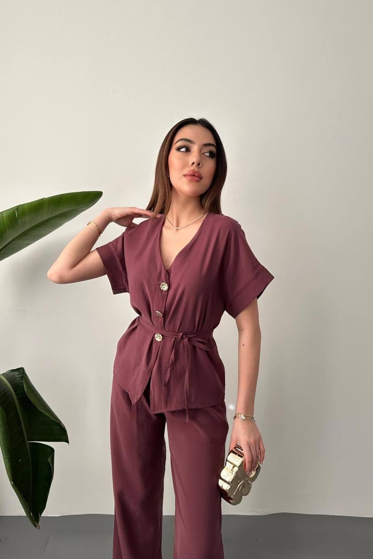 Toptan Mürdüm Düğme Detaylı İkili Modal Takım