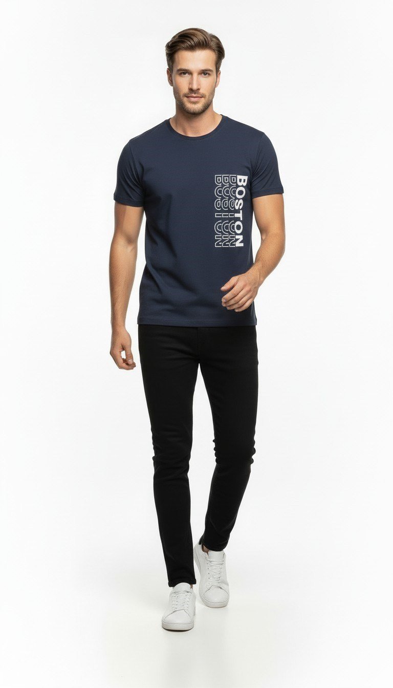 Urban Boston Dikey Baskı Erkek Tişört – Slim Fit, Sokak Stili Günlük T-Shirt