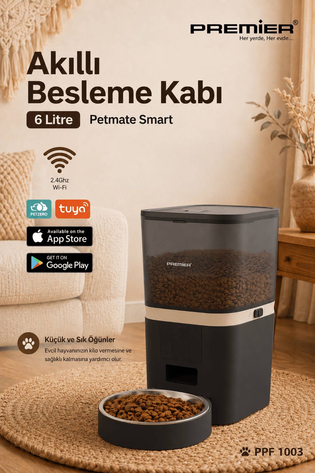 PPF 1003 - Akıllı Otomatik Mama Kabı 6 Lt Mobil Uygulama ile Yemek Programı ve Manuel Besleme Petmate Smart