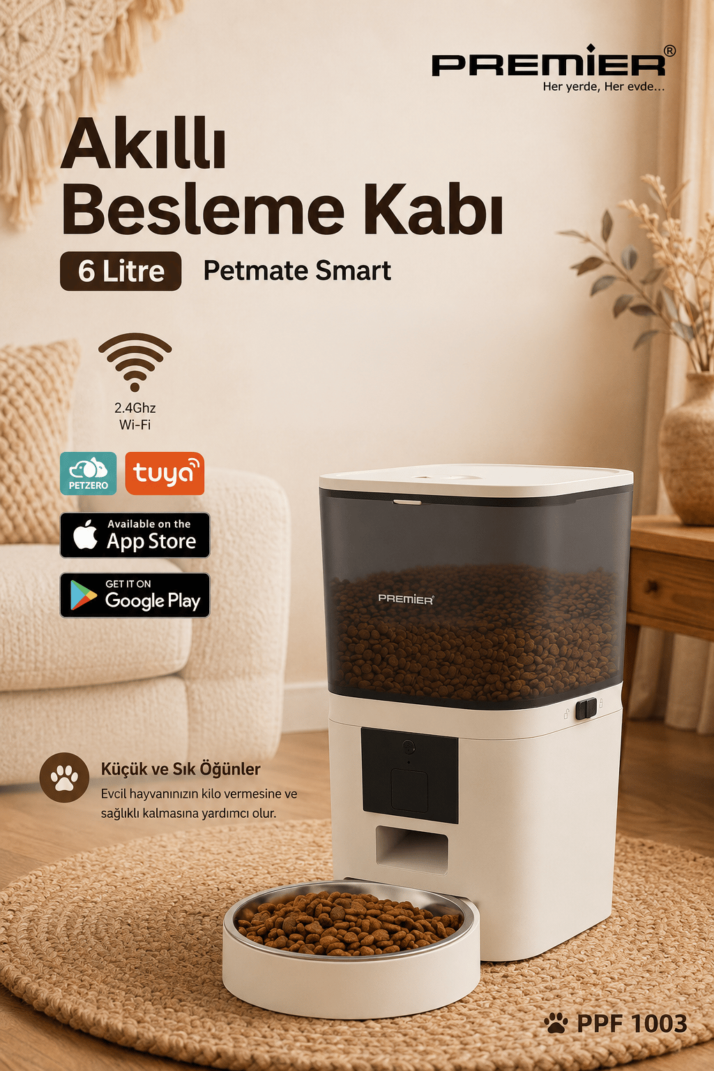 PPF 1003 - Akıllı Otomatik Mama Kabı 6 Lt Mobil Uygulama ile Yemek Programı ve Manuel Besleme Petmate Smart - Krem
