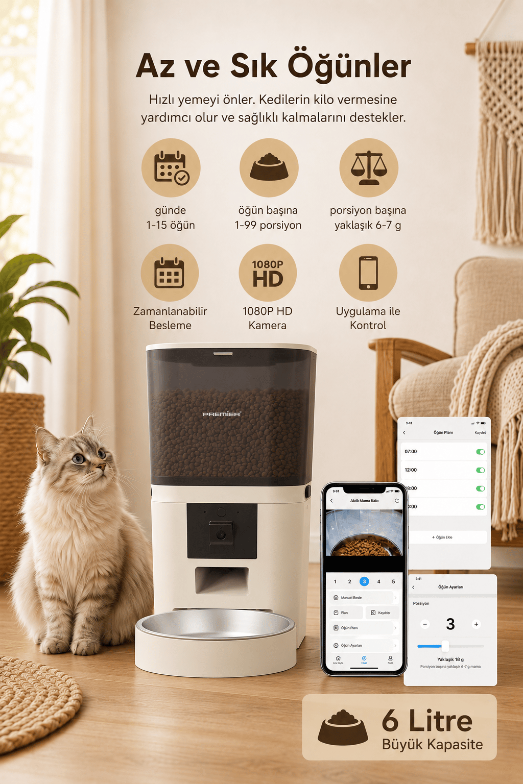 PPF 1009 - Wi-Fi Özellikli Kameralı Akıllı Otomatik Mama Kabı 6 Lt Mobil Uygulama ile Yemek Programı ve Manuel Besleme - Petmate Smart Pro - Krem - Yenilenen Tasarım